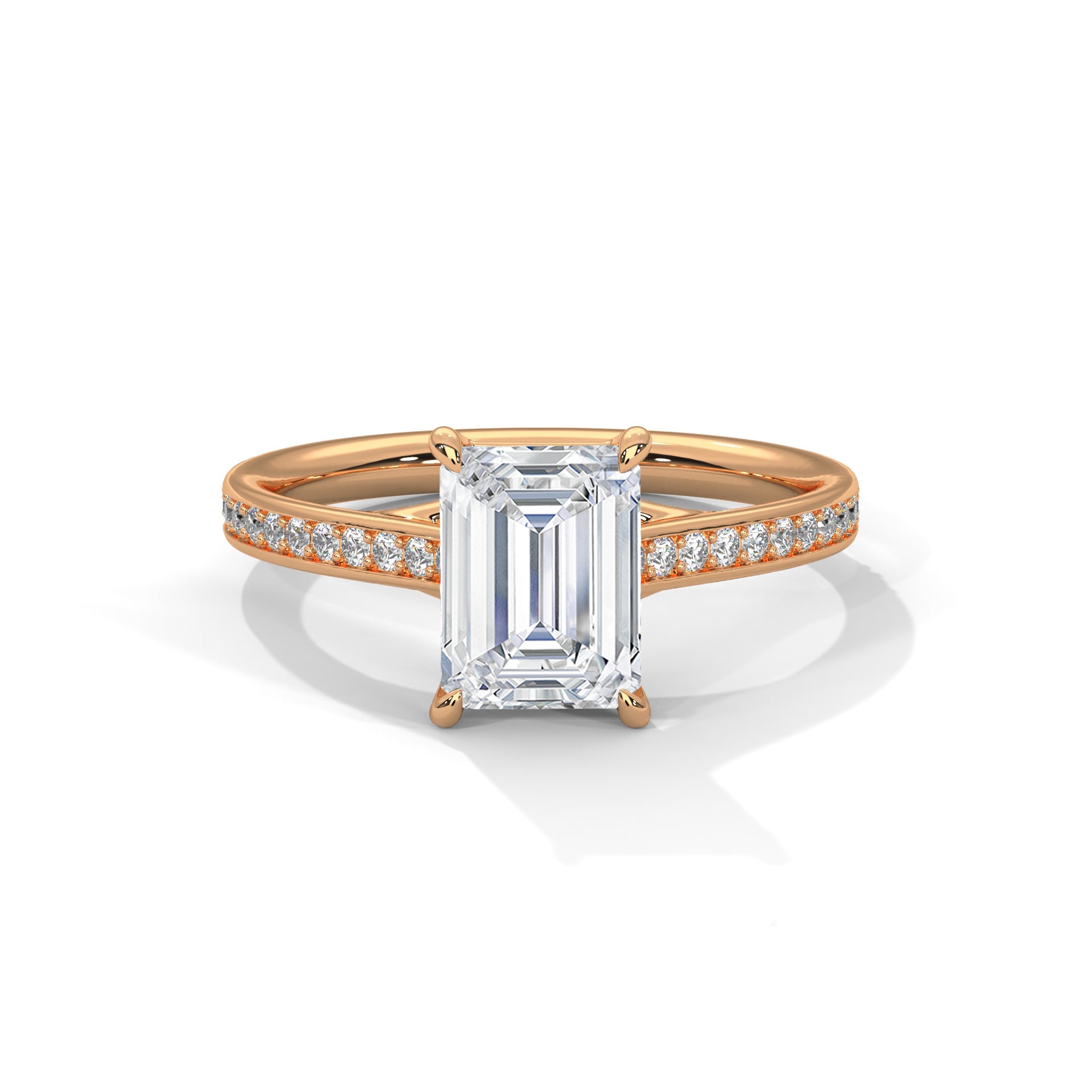 Rose Gold Emerald Cut Solitaire Pavé Cathedral Engagement & Anniversary Ring