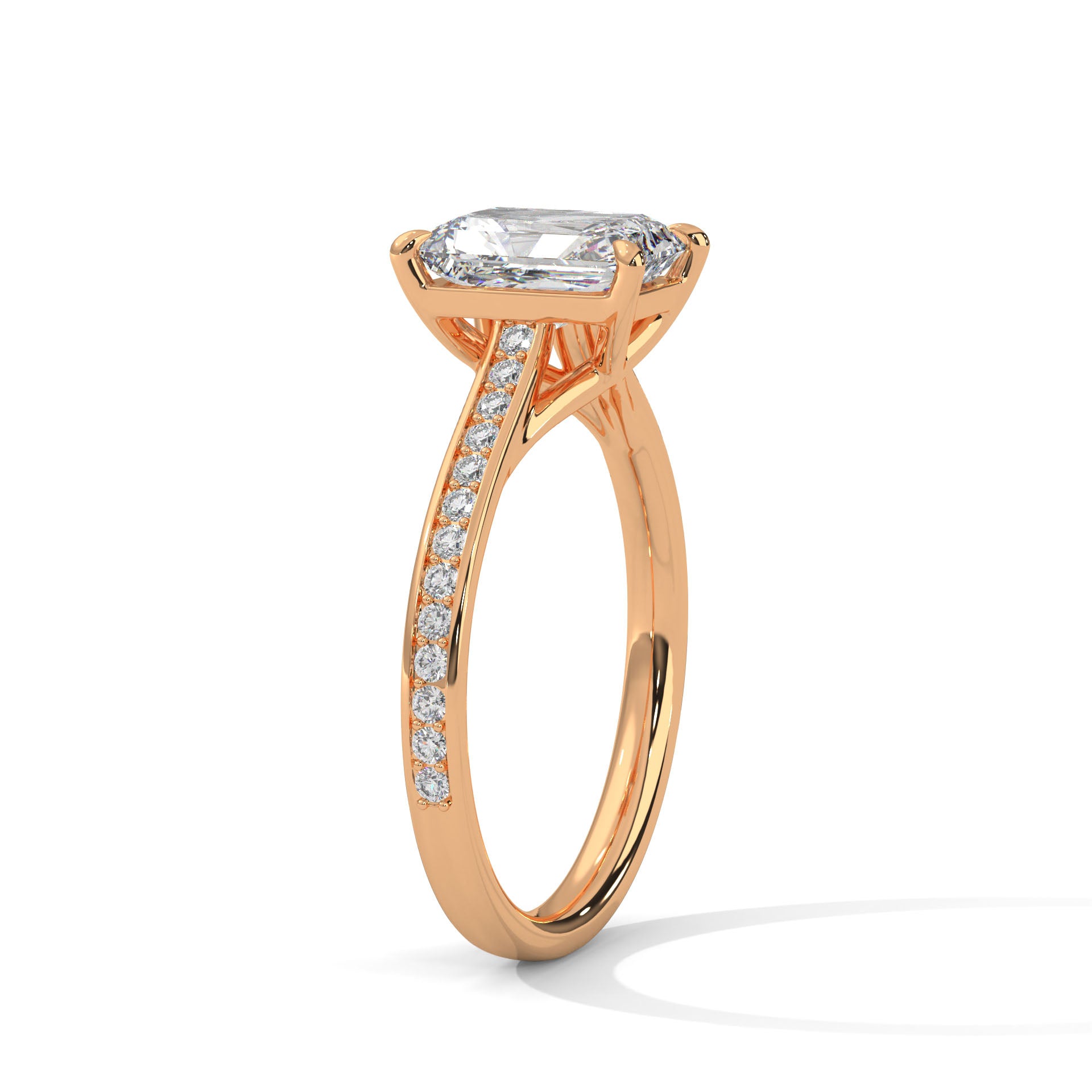 Rose Gold Emerald Cut Solitaire Pavé Cathedral Engagement & Anniversary Ring