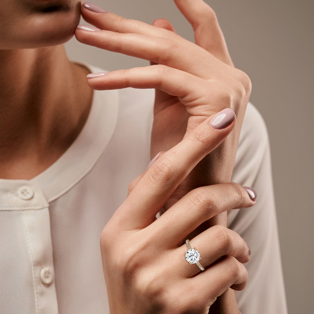 Rose Gold Round Cut Solitaire Four-Prong Pavé Cathedral Engagement & Anniversary Ring