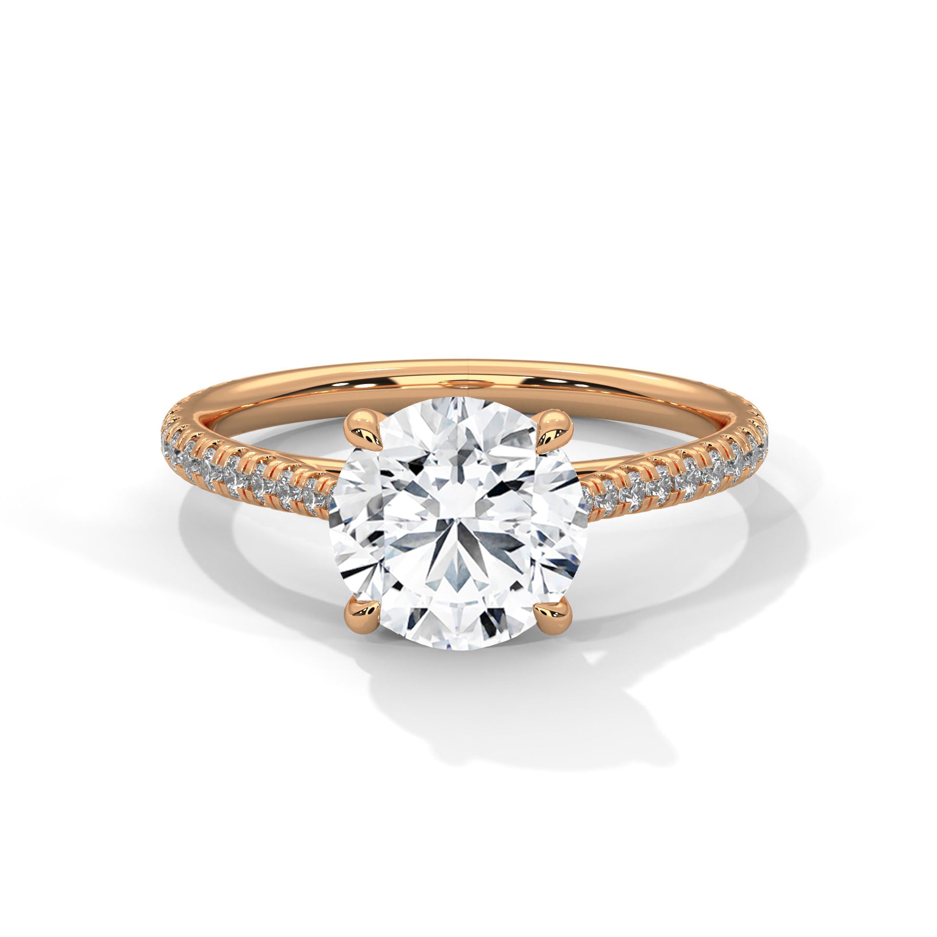 Rose Gold Round Cut Solitaire Four-Prong Pavé Cathedral Engagement & Anniversary Ring