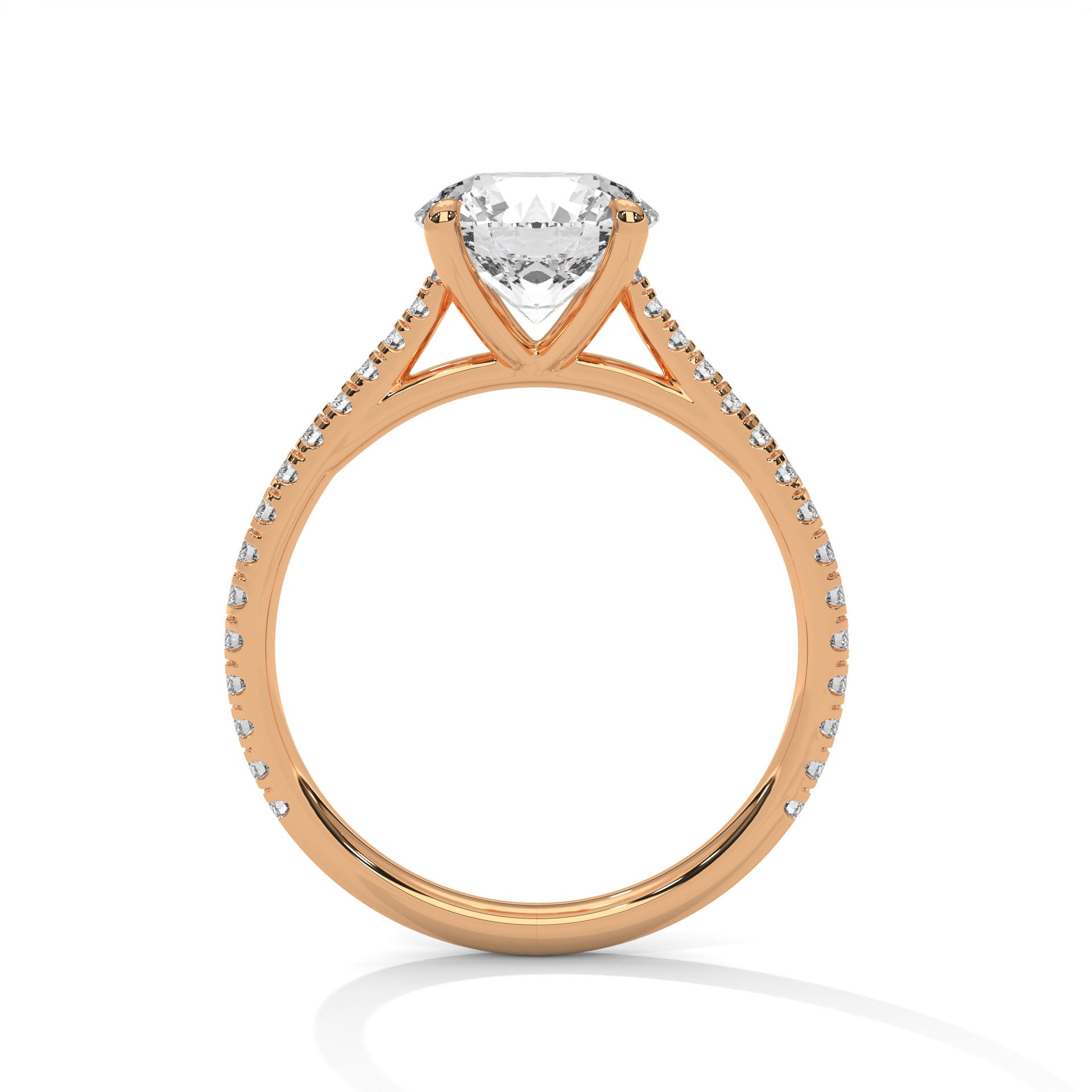 Rose Gold Round Cut Solitaire Four-Prong Pavé Cathedral Engagement & Anniversary Ring