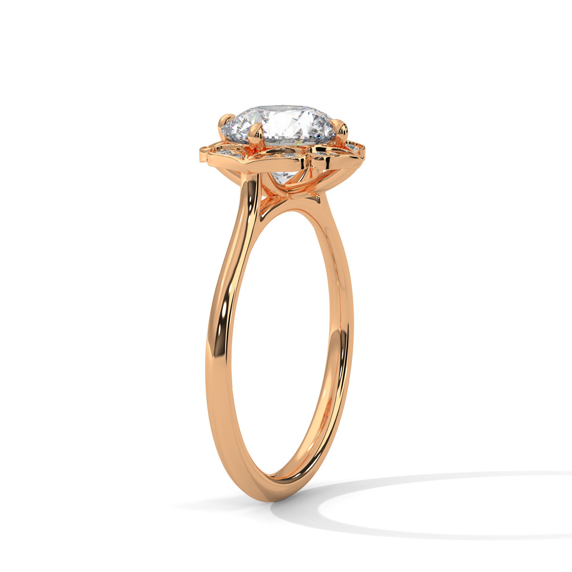 Rose Gold Round Cut Floral Halo Solitaire Engagement & Anniversary Ring