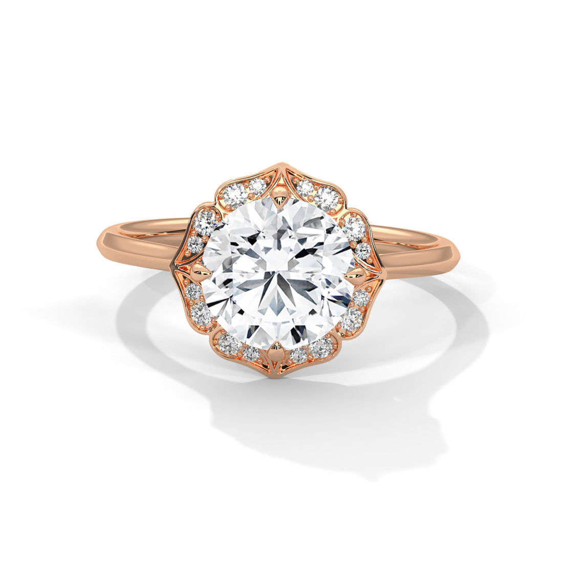 Rose Gold Round Cut Floral Halo Solitaire Engagement & Anniversary Ring