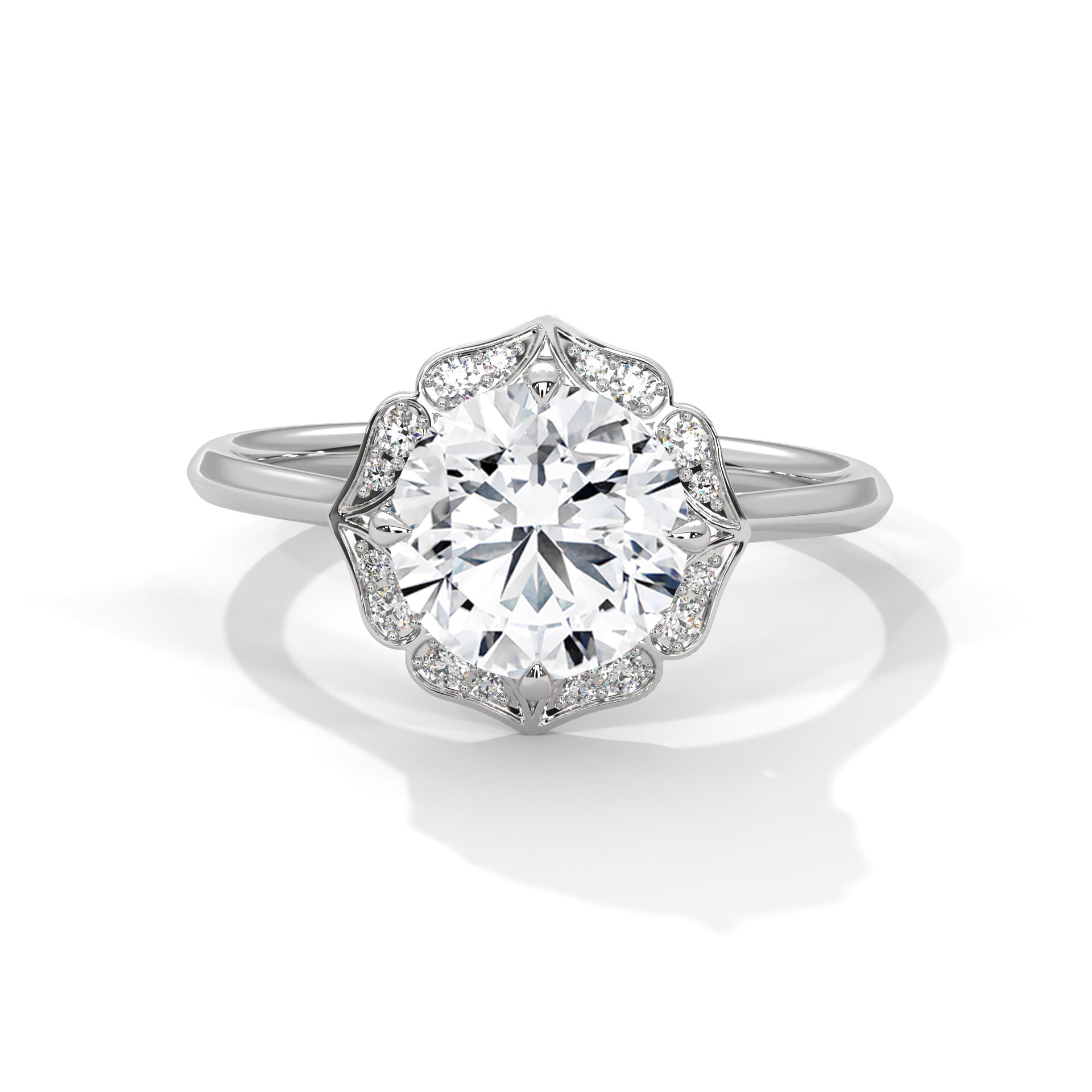 Rose Gold Round Cut Floral Halo Solitaire Engagement & Anniversary Ring