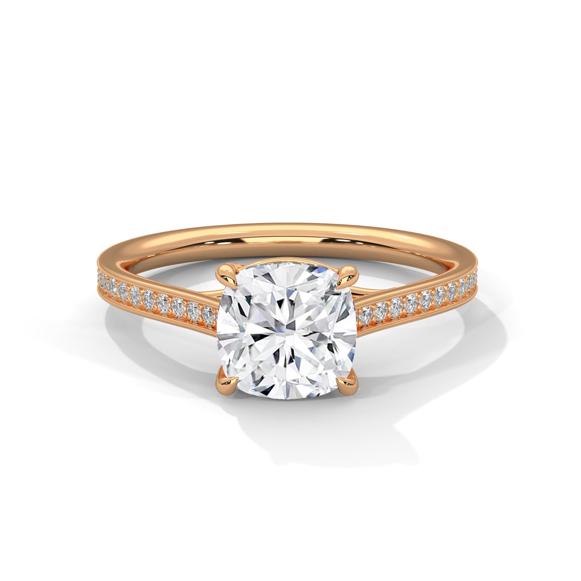 Rose Gold Cushion Cut Solitaire Four-Prong Pavé Engagement & Anniversary Ring