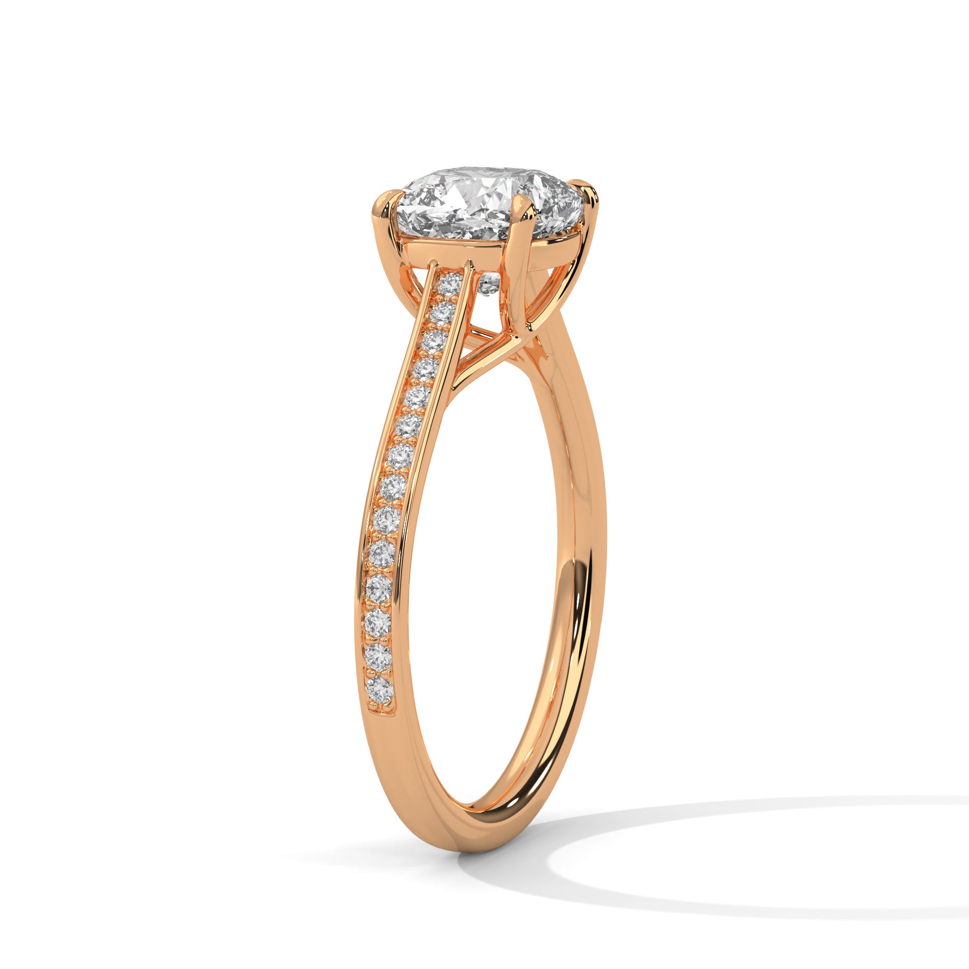 Rose Gold Cushion Cut Solitaire Four-Prong Pavé Engagement & Anniversary Ring