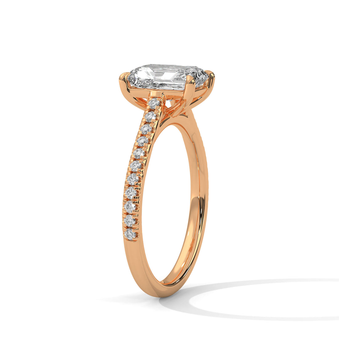 Rose Gold Emerald Cut Solitaire Four-Prong Pavé Cathedral Engagement & Anniversary Ring