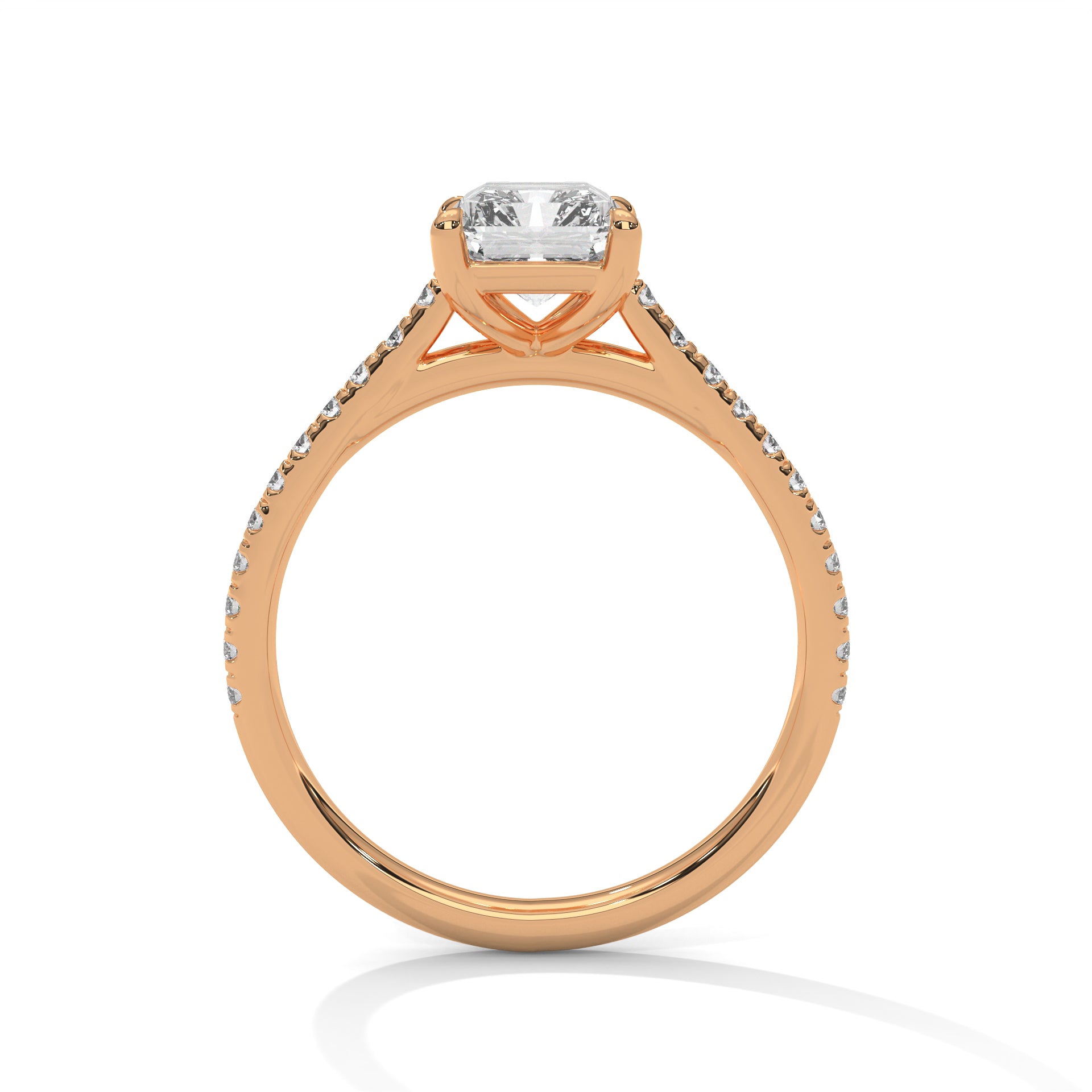 Rose Gold Emerald Cut Solitaire Four-Prong Pavé Cathedral Engagement & Anniversary Ring
