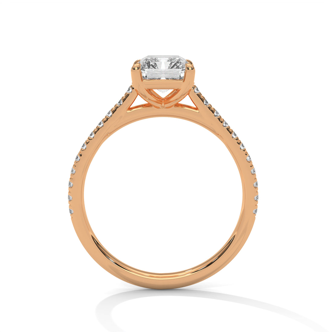 Rose Gold Emerald Cut Solitaire Four-Prong Pavé Cathedral Engagement & Anniversary Ring