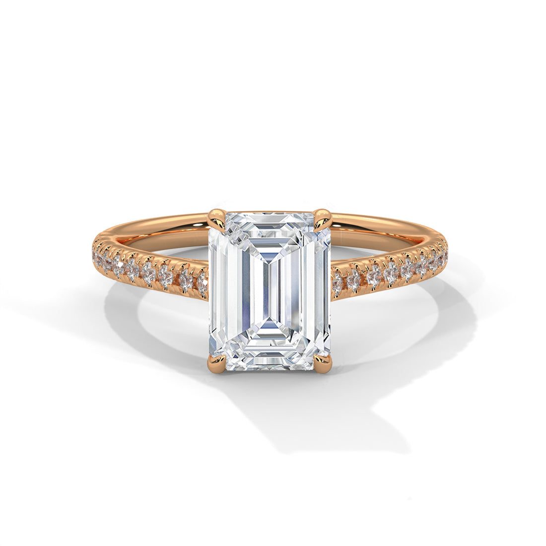 Rose Gold Emerald Cut Solitaire Four-Prong Pavé Cathedral Engagement & Anniversary Ring