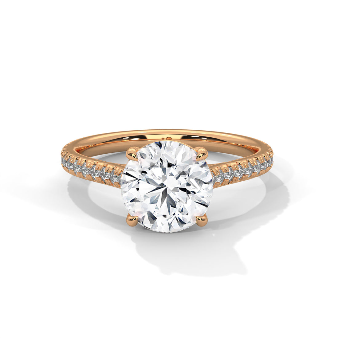 Rose Gold Round Cut Solitaire Four-Prong Pavé Cathedral Engagement & Anniversary Ring