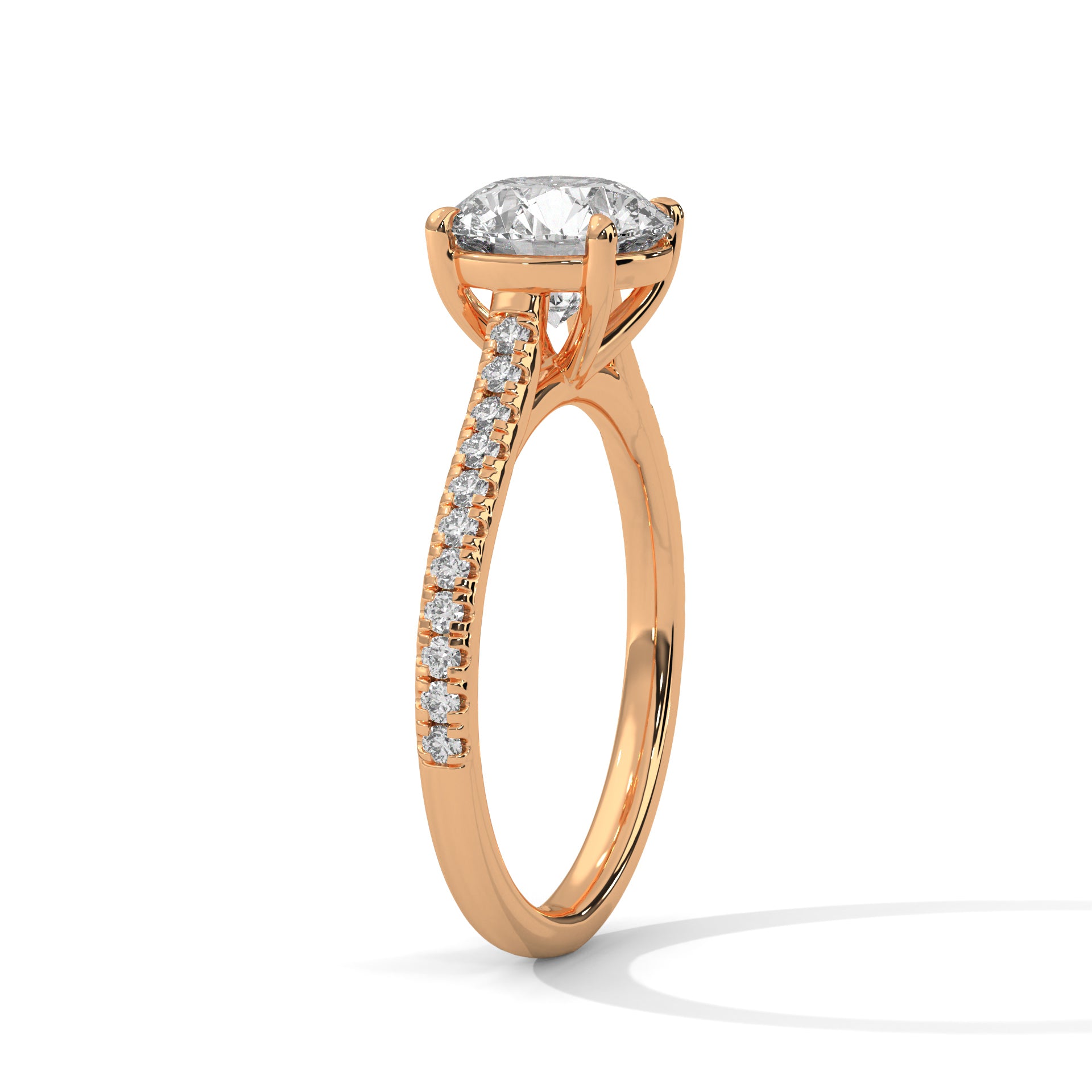 Rose Gold Round Cut Solitaire Four-Prong Pavé Cathedral Engagement & Anniversary Ring