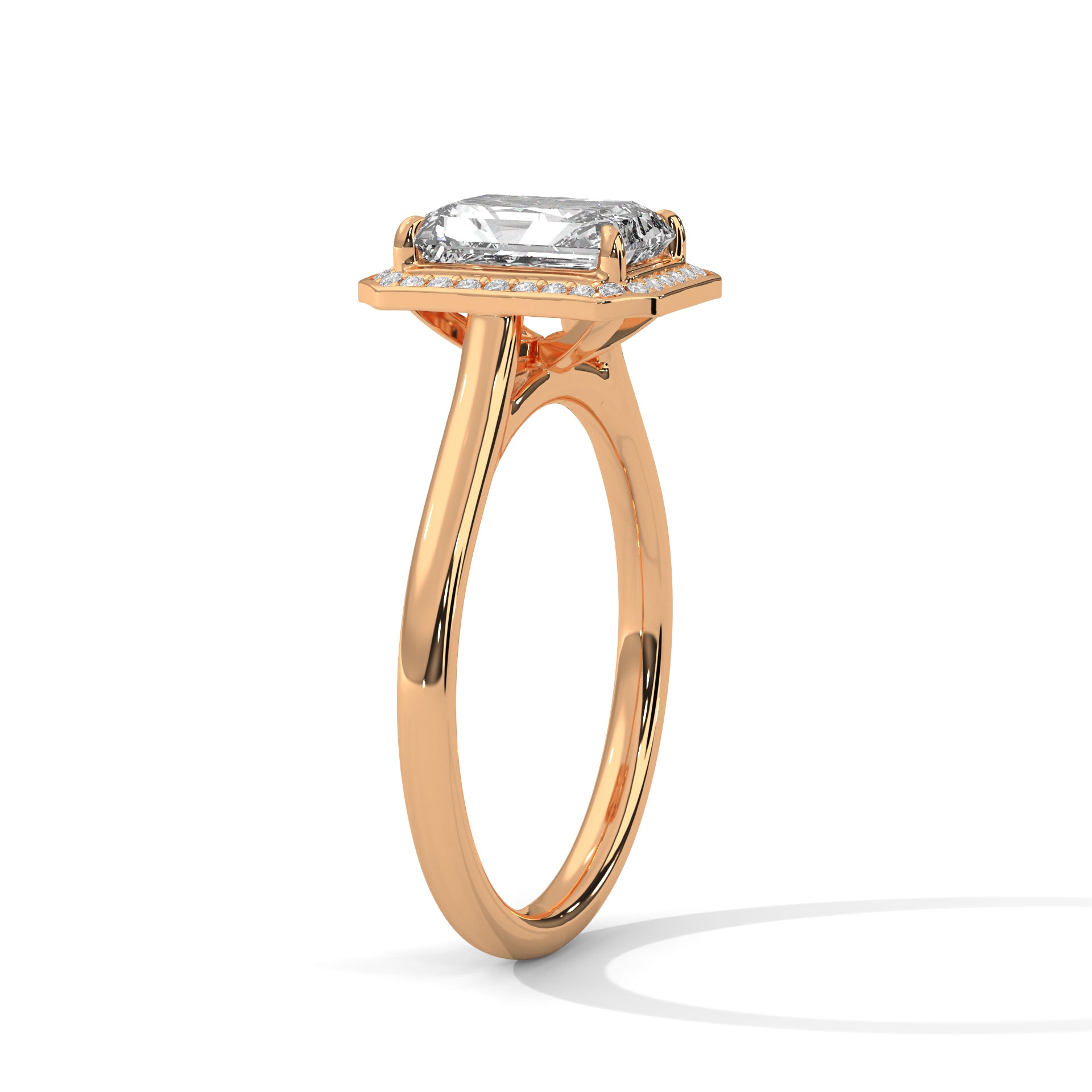 Rose Gold Emerald Cut Octagonal Halo Solitaire Engagement & Anniversary Ring