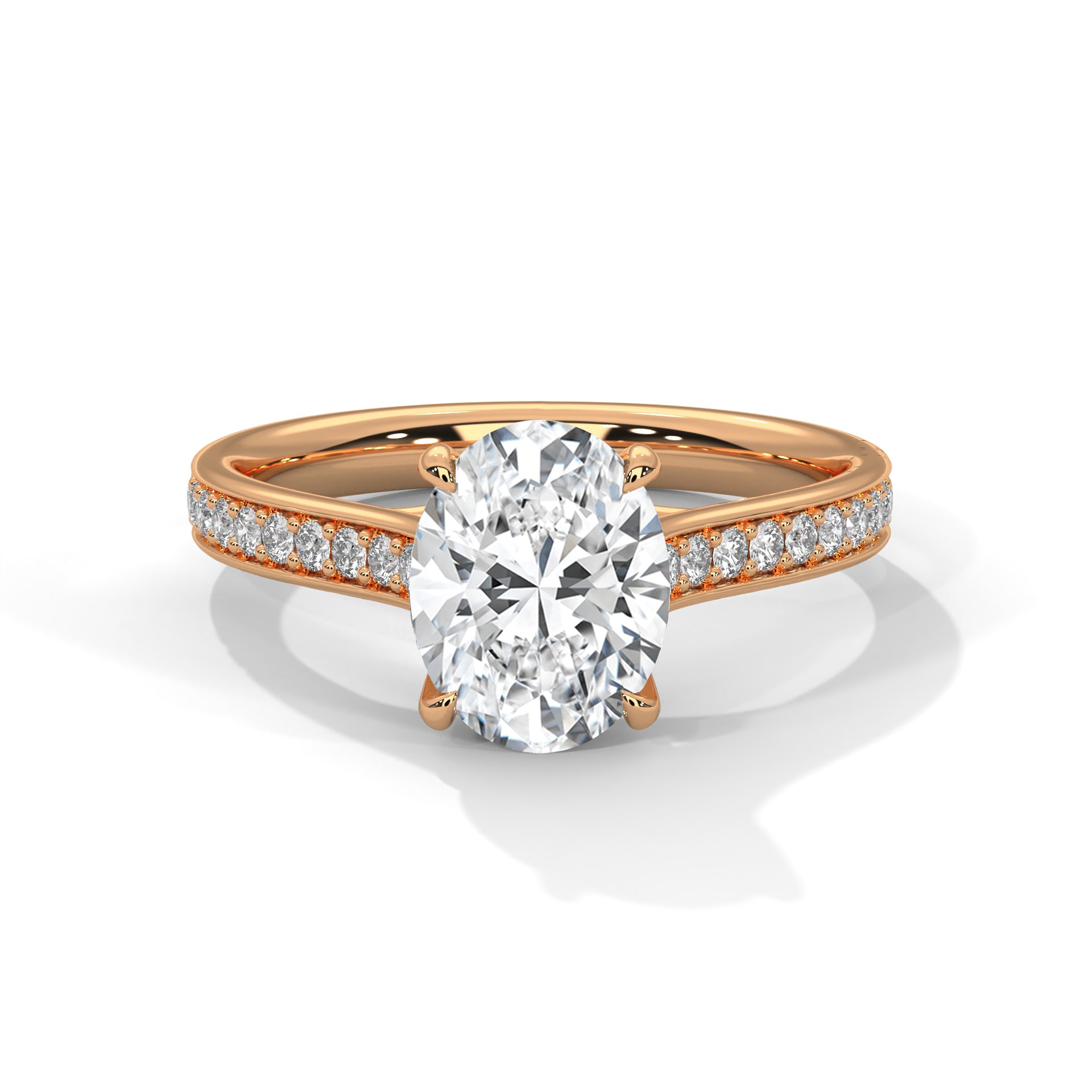 Rose Gold Oval Cut Solitaire Four-Prong Pavé Cathedral Engagement & Anniversary Ring