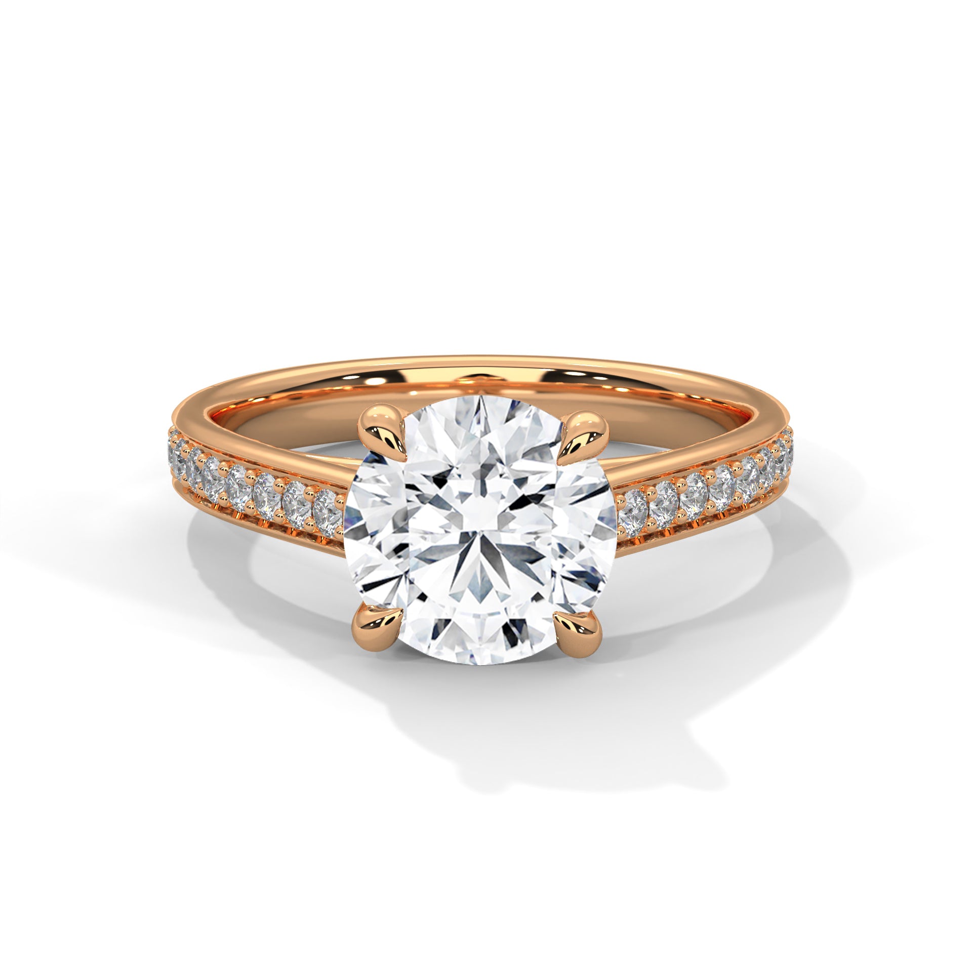 Rose Gold Round Cut Solitaire Four-Prong Pavé Cathedral Engagement & Anniversary Ring