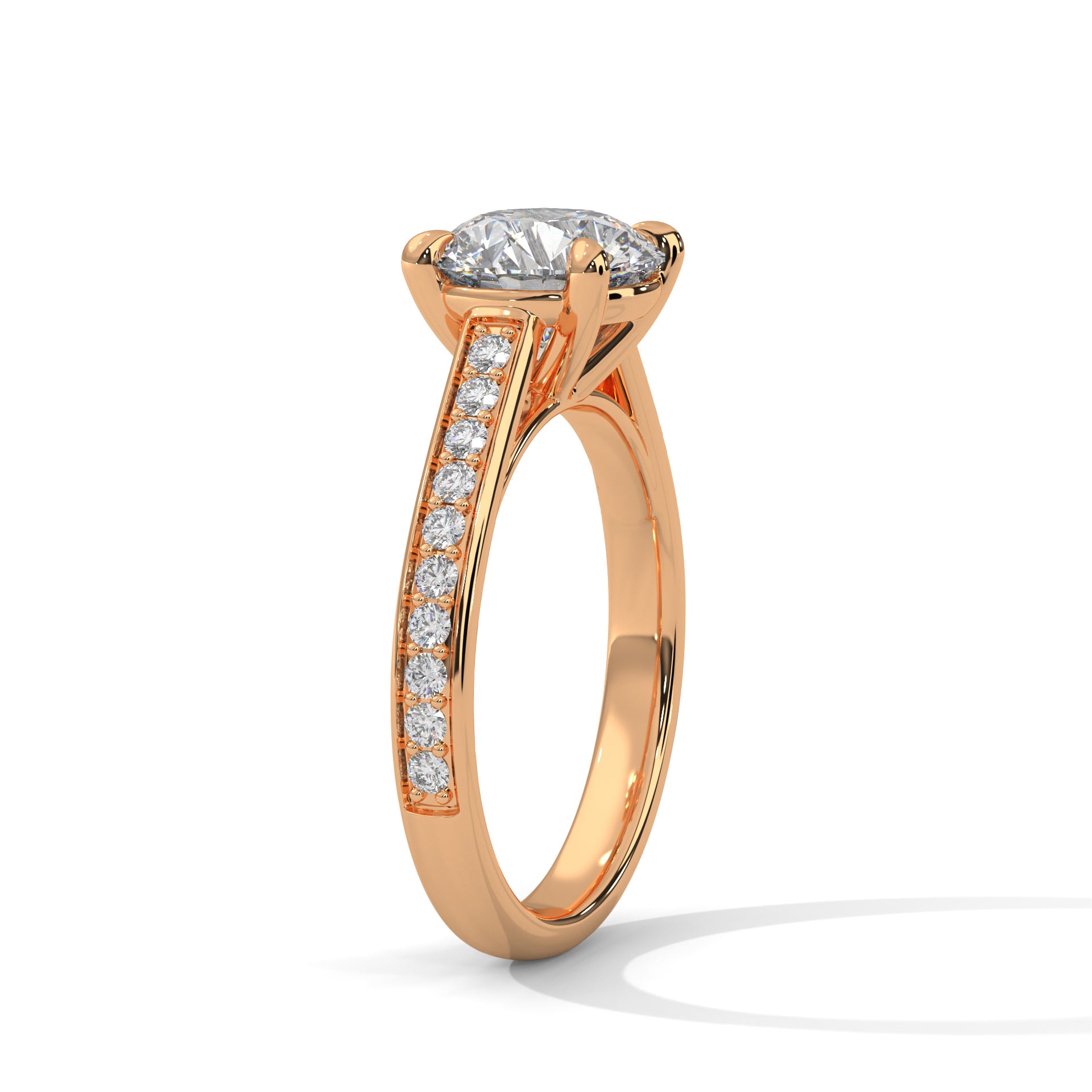 Rose Gold Round Cut Solitaire Four-Prong Pavé Cathedral Engagement & Anniversary Ring