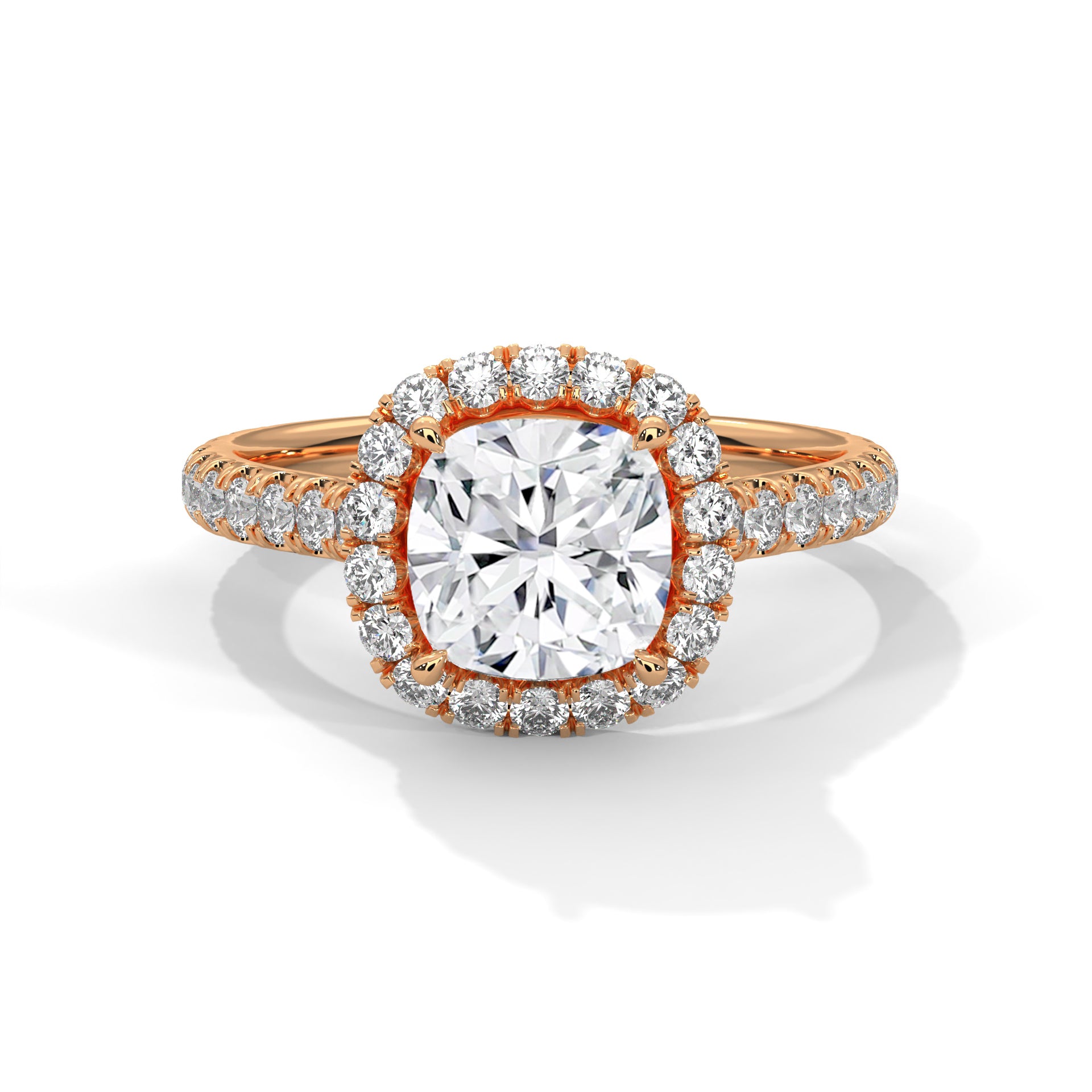 Rose Gold Cushion Cut Solitaire Halo Pavé Cathedral Engagement & Anniversary Ring
