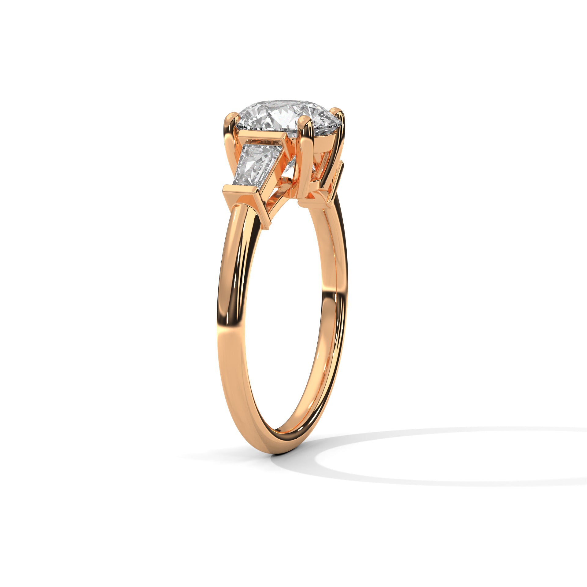 Rose Gold Round Cut Three Stone Tapered Baguette Engagement & Anniversary Ring