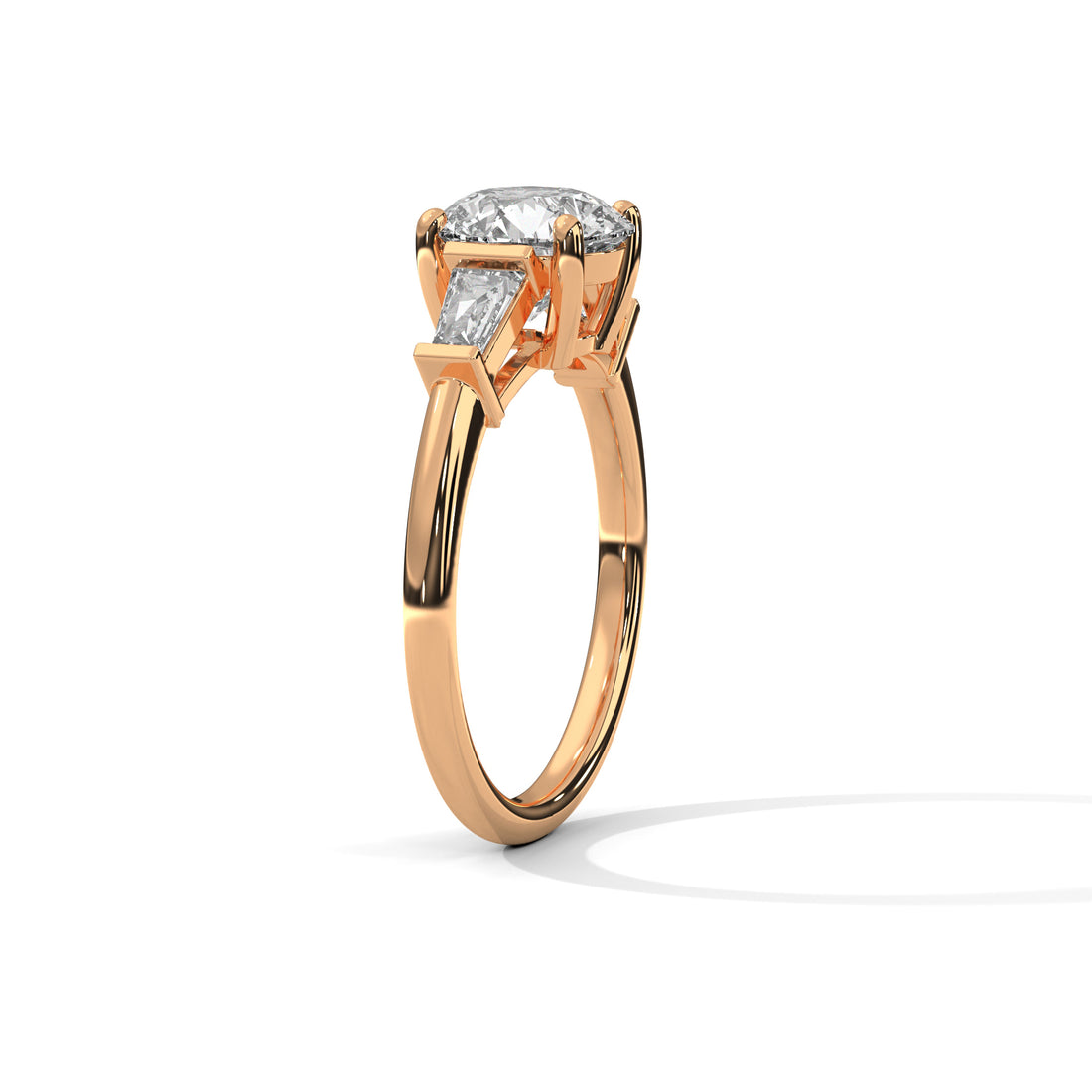 Rose Gold Round Cut Three Stone Tapered Baguette Engagement & Anniversary Ring