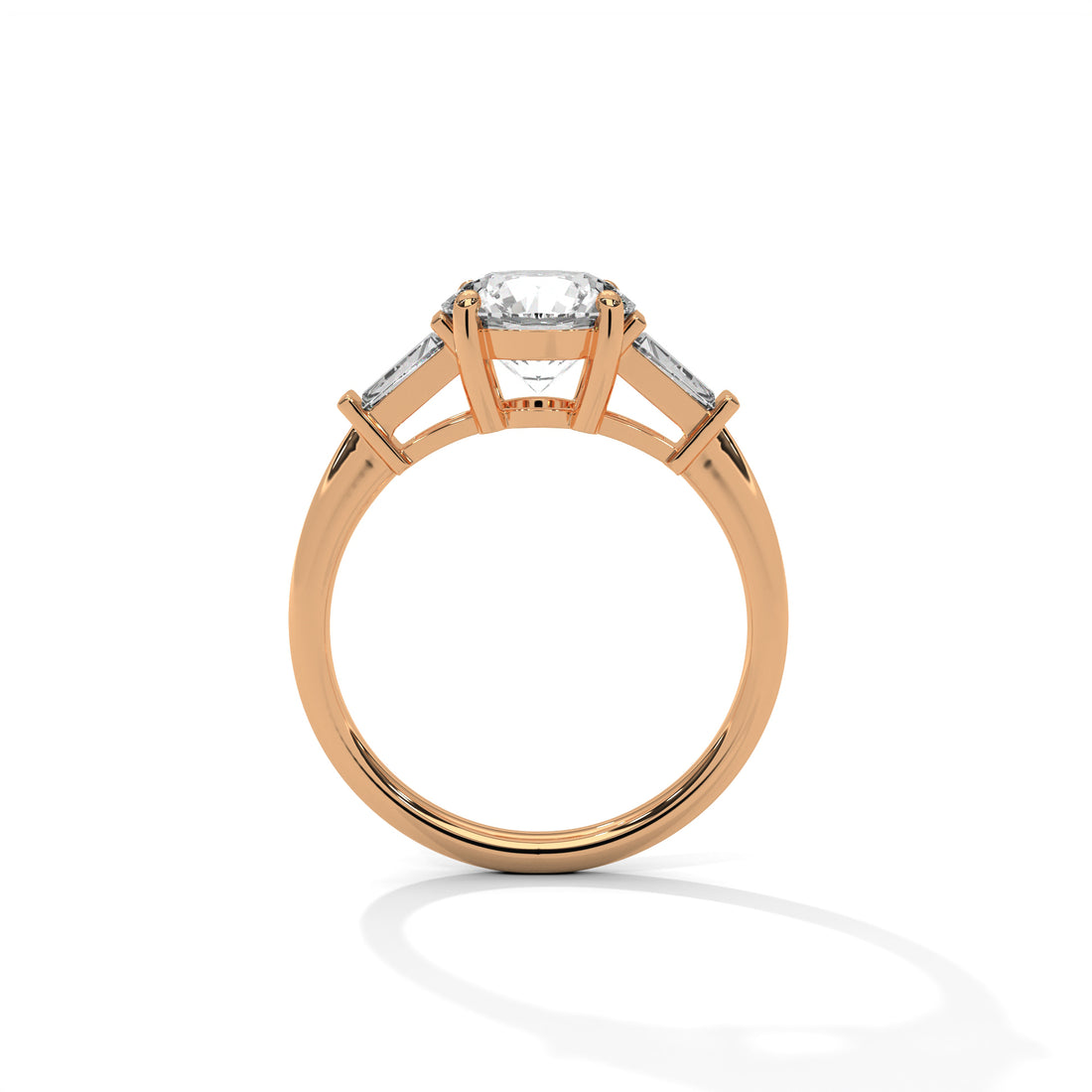 Rose Gold Round Cut Three Stone Tapered Baguette Engagement & Anniversary Ring
