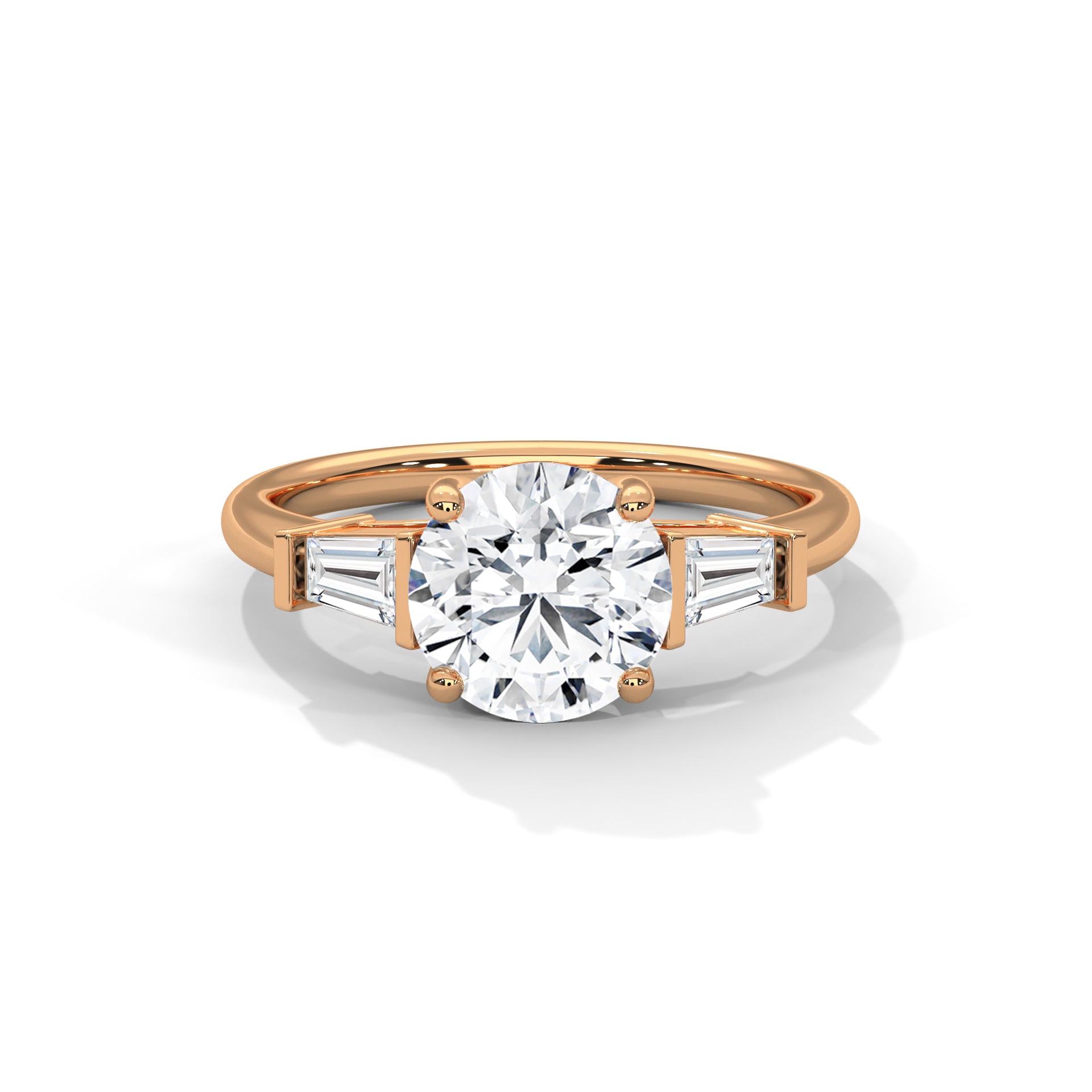 Rose Gold Round Cut Three Stone Tapered Baguette Engagement & Anniversary Ring