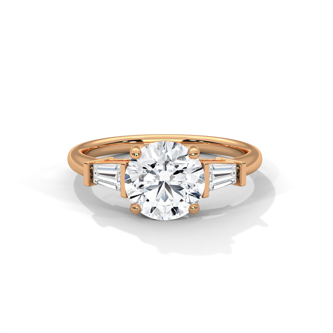Rose Gold Round Cut Three Stone Tapered Baguette Engagement & Anniversary Ring