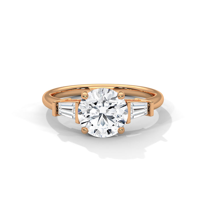 Rose Gold Round Cut Three Stone Tapered Baguette Engagement & Anniversary Ring
