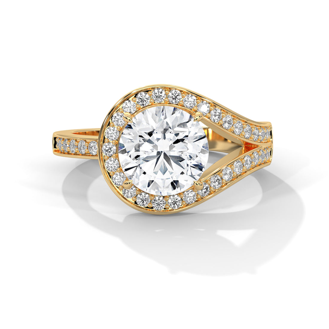 Round Cut Diamond Swirl Halo Split Shank Engagement & Anniversary Ring