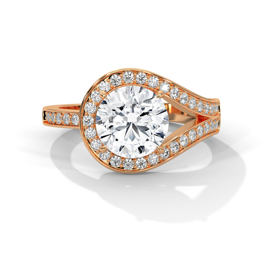 Round Cut Diamond Swirl Halo Split Shank Engagement & Anniversary Ring