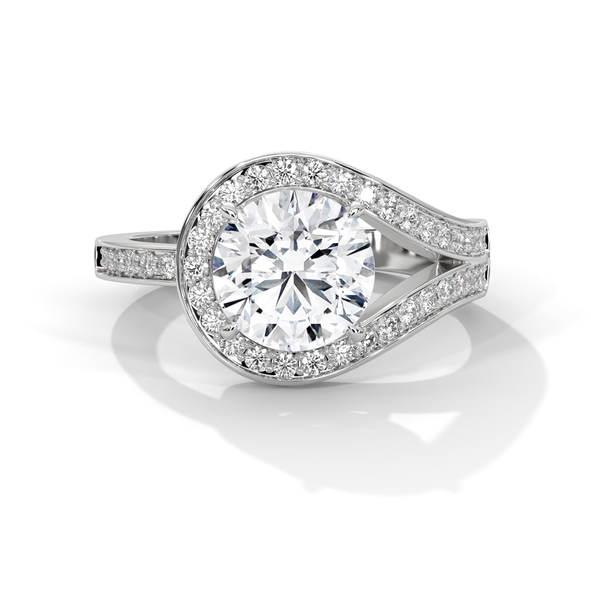 Round Cut Diamond Swirl Halo Split Shank Engagement & Anniversary Ring