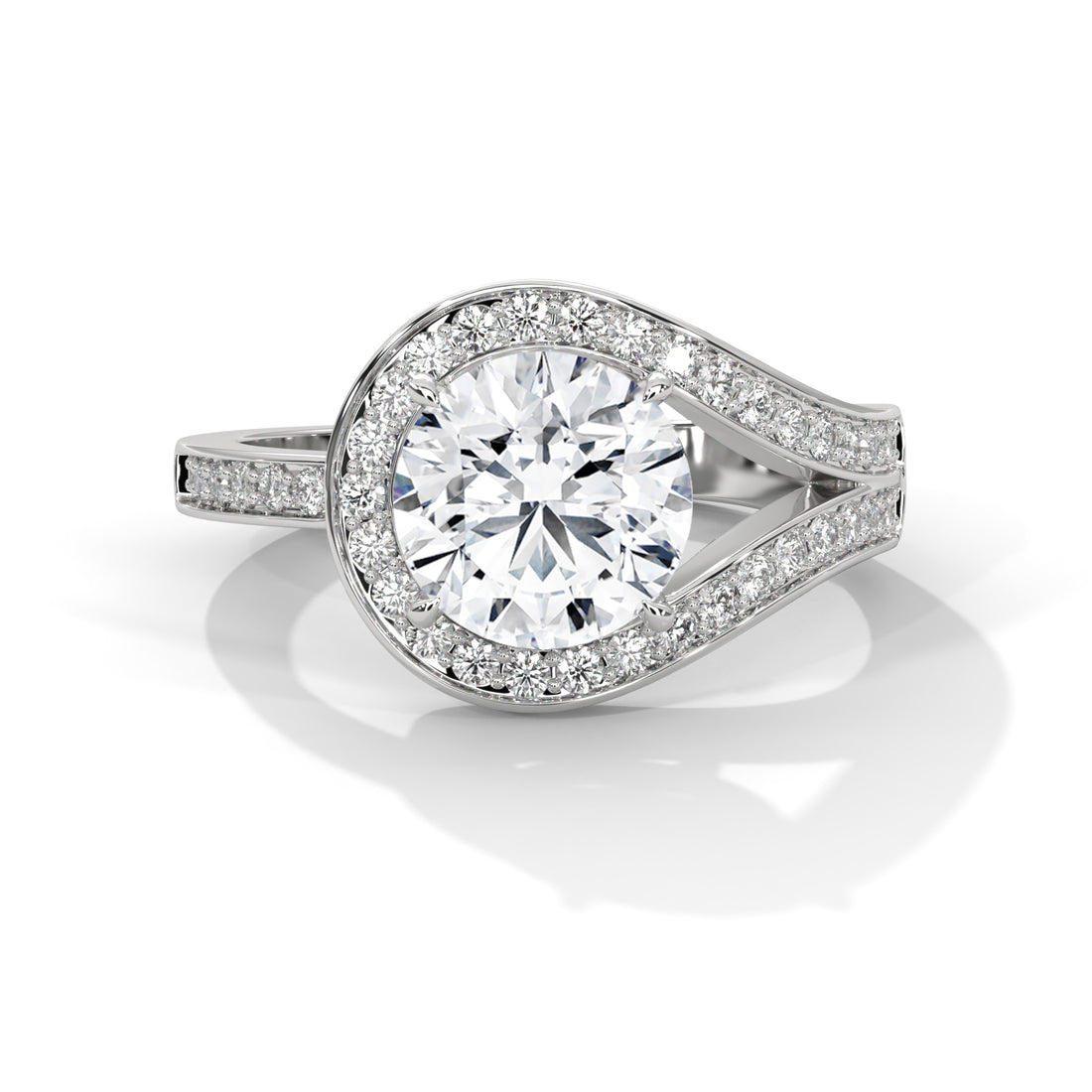 Round Cut Diamond Swirl Halo Split Shank Engagement & Anniversary Ring