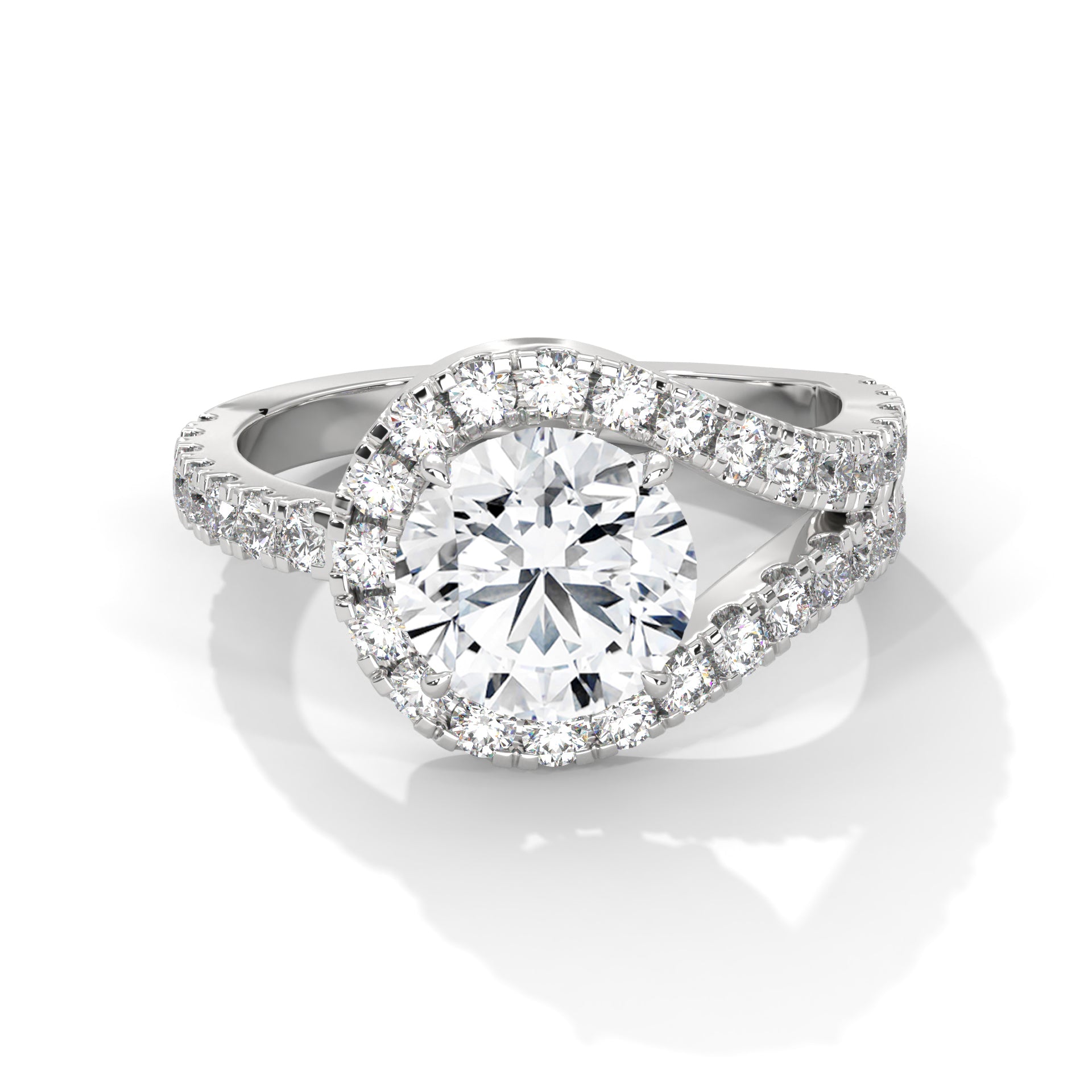 Round Cut Diamond Swirl Halo Split Shank Engagement & Anniversary Ring