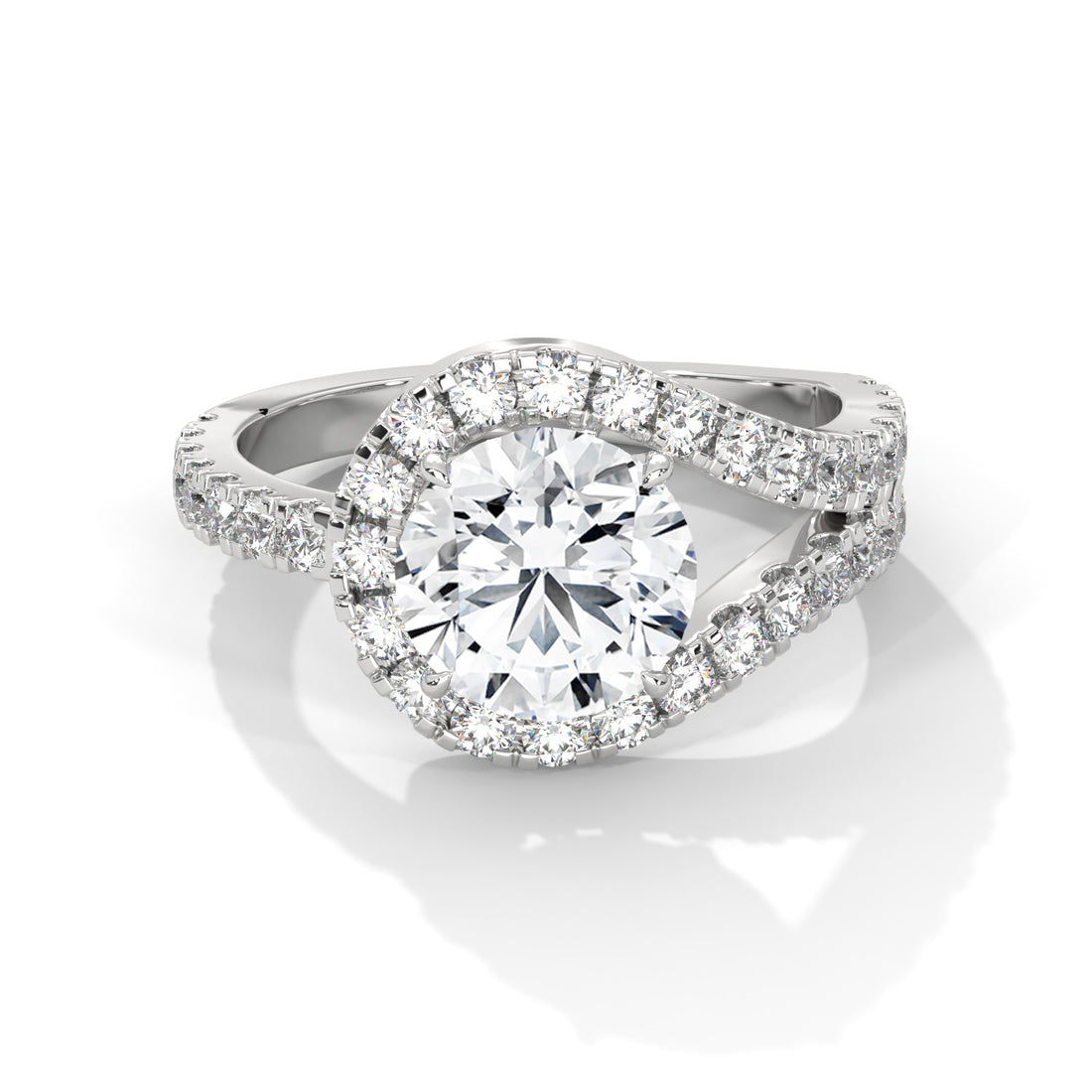 Round Cut Diamond Swirl Halo Split Shank Engagement & Anniversary Ring