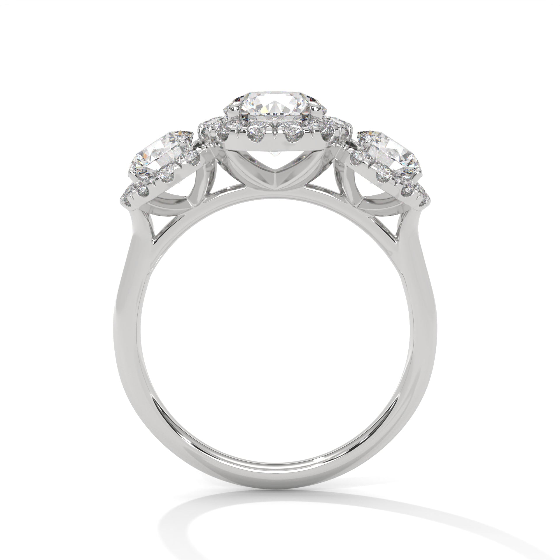 Round Cut Three Stone Halo Engagement & Anniversary Ring