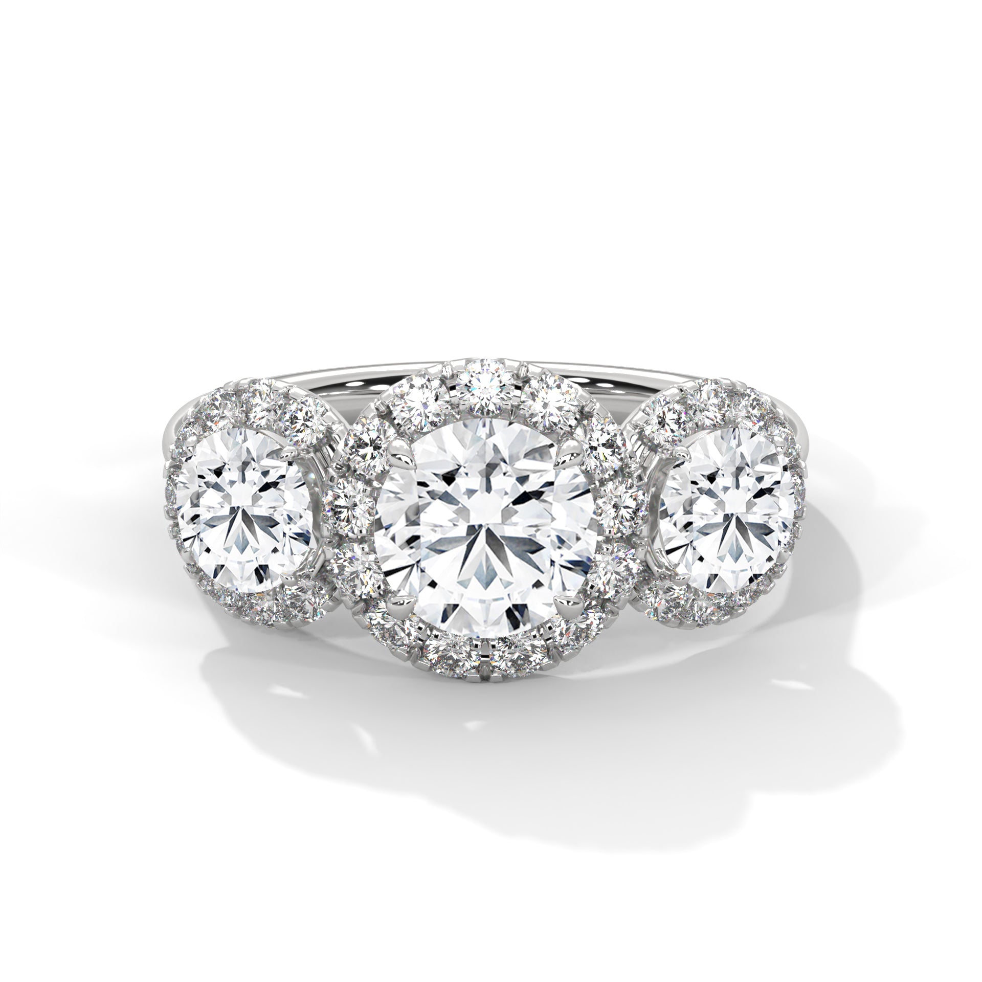 Round Cut Three Stone Halo Engagement & Anniversary Ring