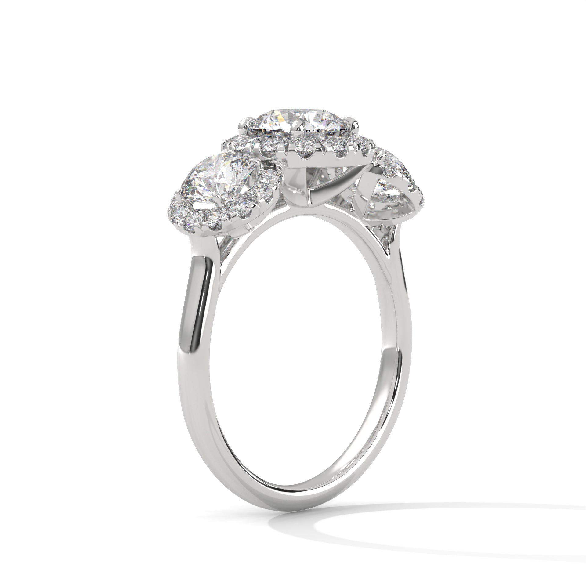Round Cut Three Stone Halo Engagement & Anniversary Ring