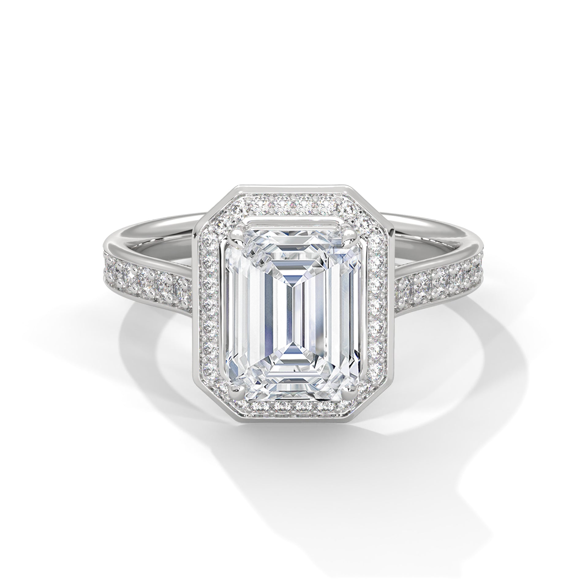 Rose Gold Emerald Cut Octagonal Halo Pavé Cathedral Engagement & Anniversary Ring