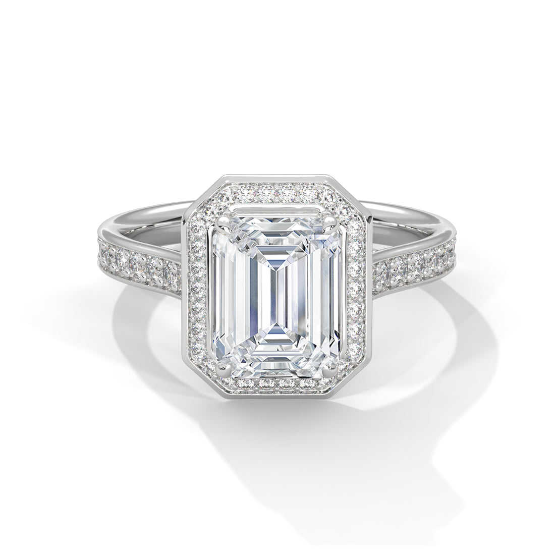 Rose Gold Emerald Cut Octagonal Halo Pavé Cathedral Engagement & Anniversary Ring
