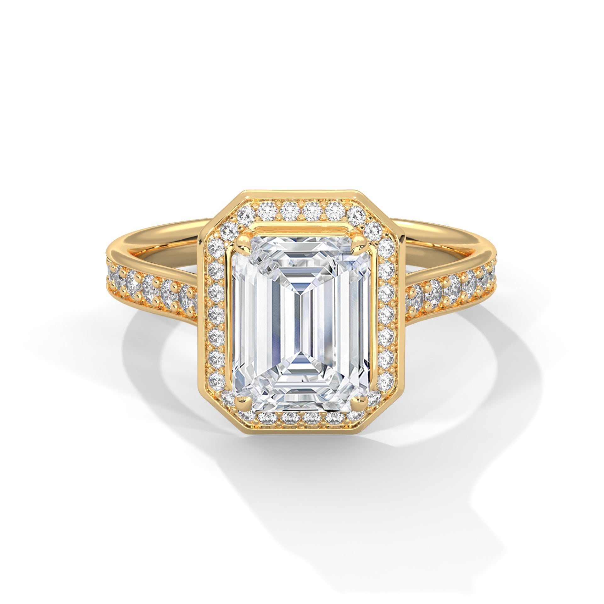 Rose Gold Emerald Cut Octagonal Halo Pavé Cathedral Engagement & Anniversary Ring