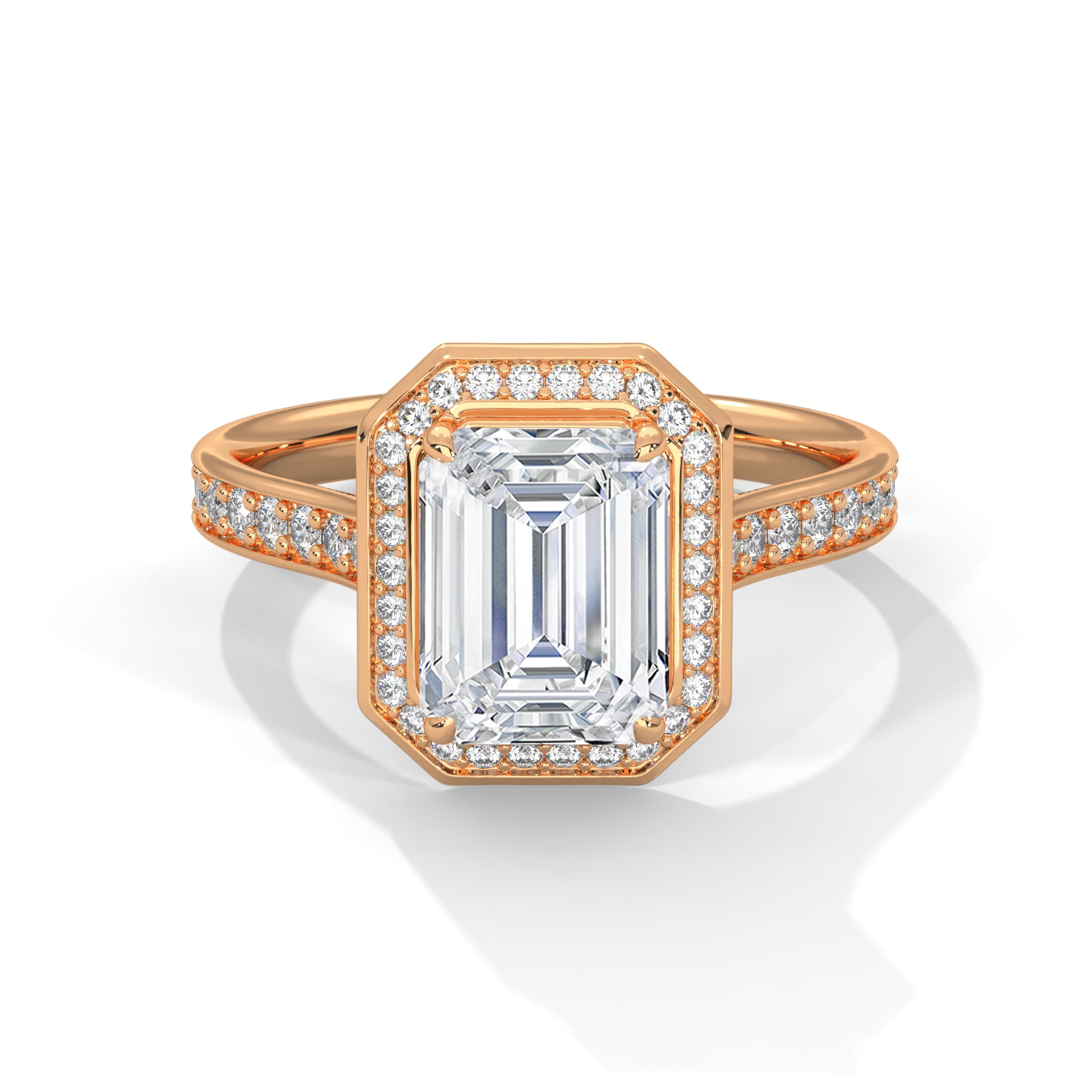 Rose Gold Emerald Cut Octagonal Halo Pavé Cathedral Engagement & Anniversary Ring