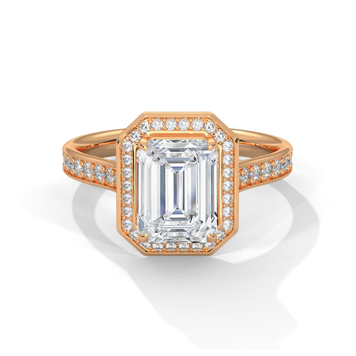 Rose Gold Emerald Cut Octagonal Halo Pavé Cathedral Engagement & Anniversary Ring