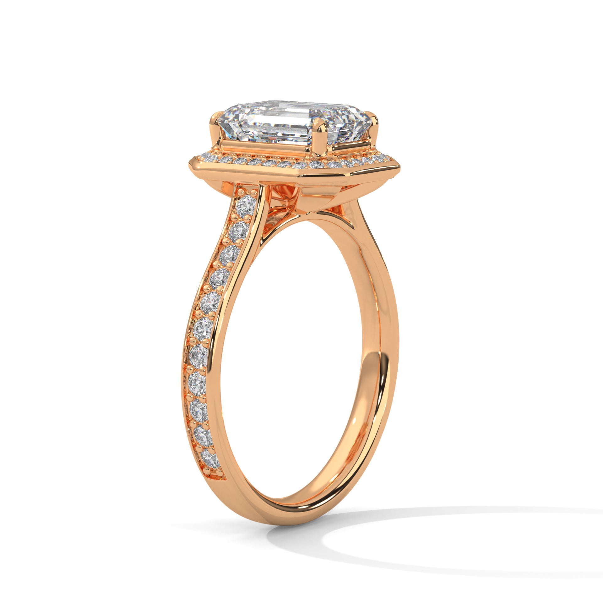 Rose Gold Emerald Cut Octagonal Halo Pavé Cathedral Engagement & Anniversary Ring