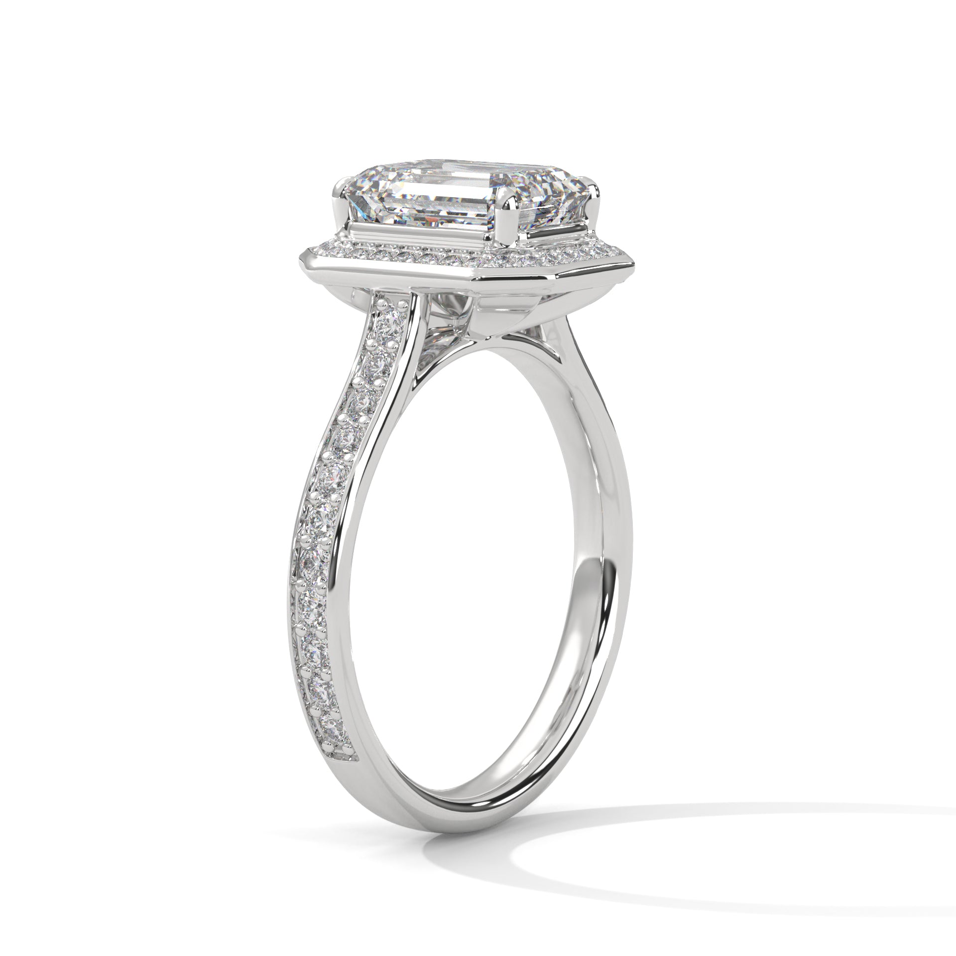Rose Gold Emerald Cut Octagonal Halo Pavé Cathedral Engagement & Anniversary Ring
