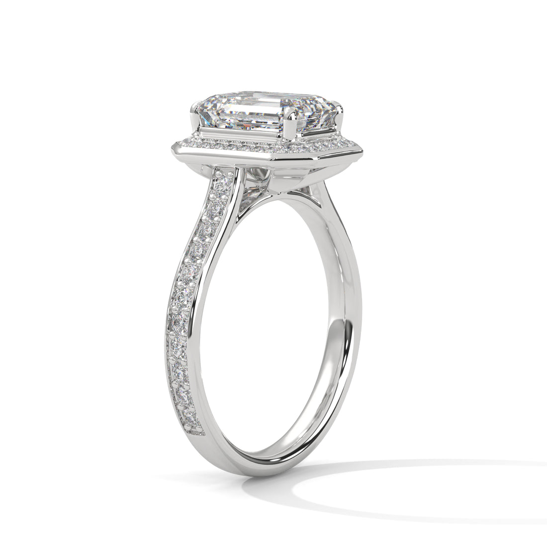 Rose Gold Emerald Cut Octagonal Halo Pavé Cathedral Engagement & Anniversary Ring