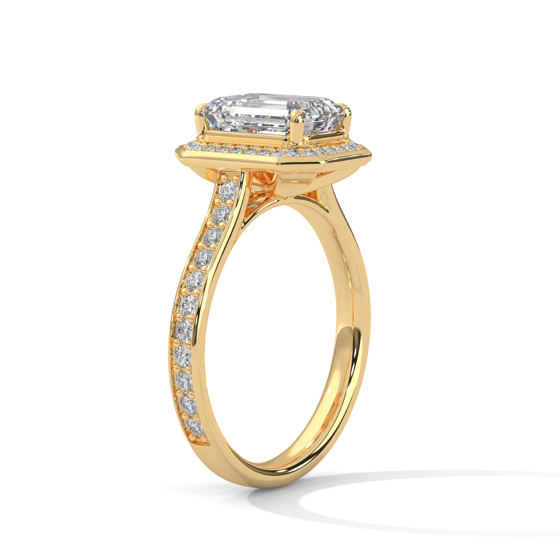 Rose Gold Emerald Cut Octagonal Halo Pavé Cathedral Engagement & Anniversary Ring