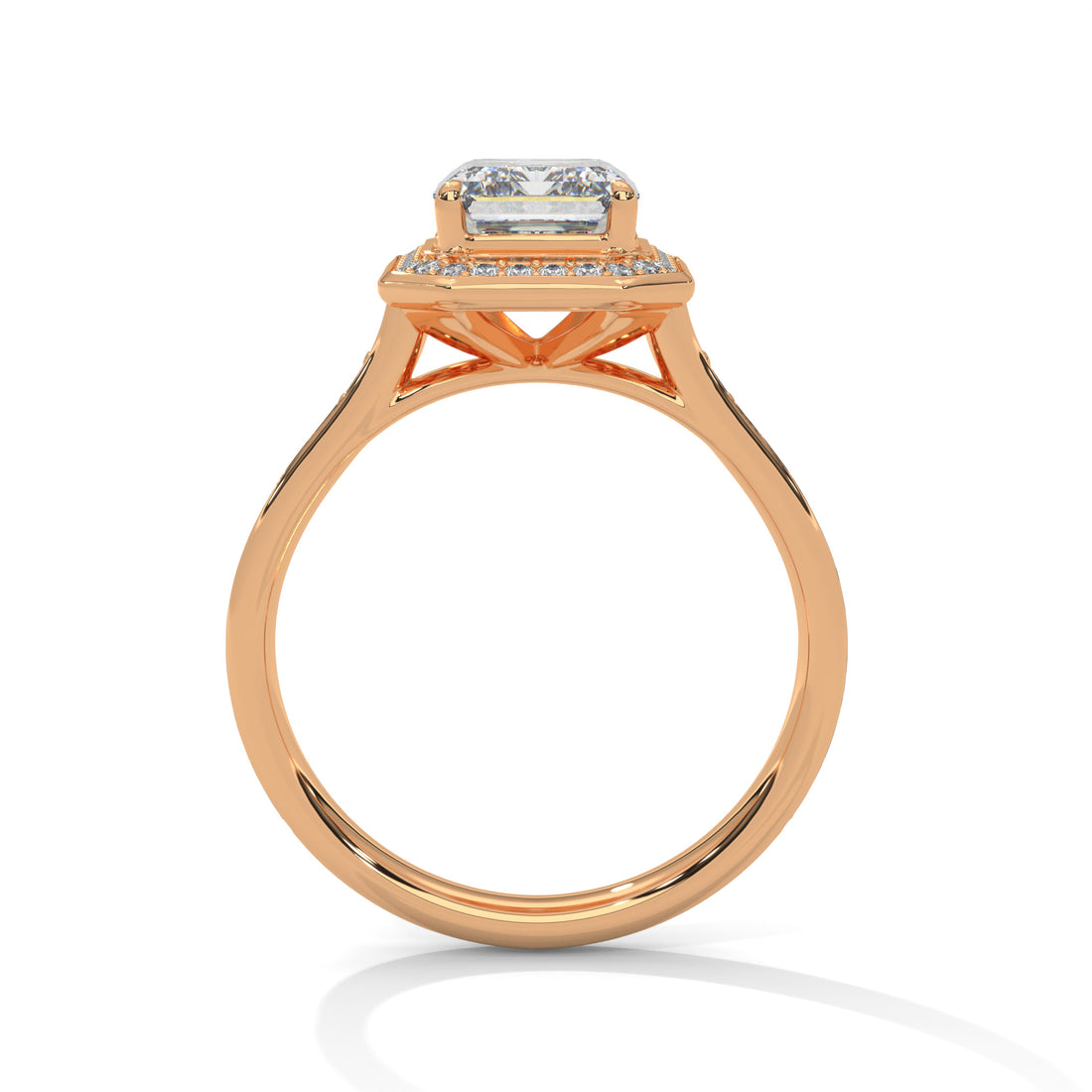 Rose Gold Emerald Cut Octagonal Halo Pavé Cathedral Engagement & Anniversary Ring
