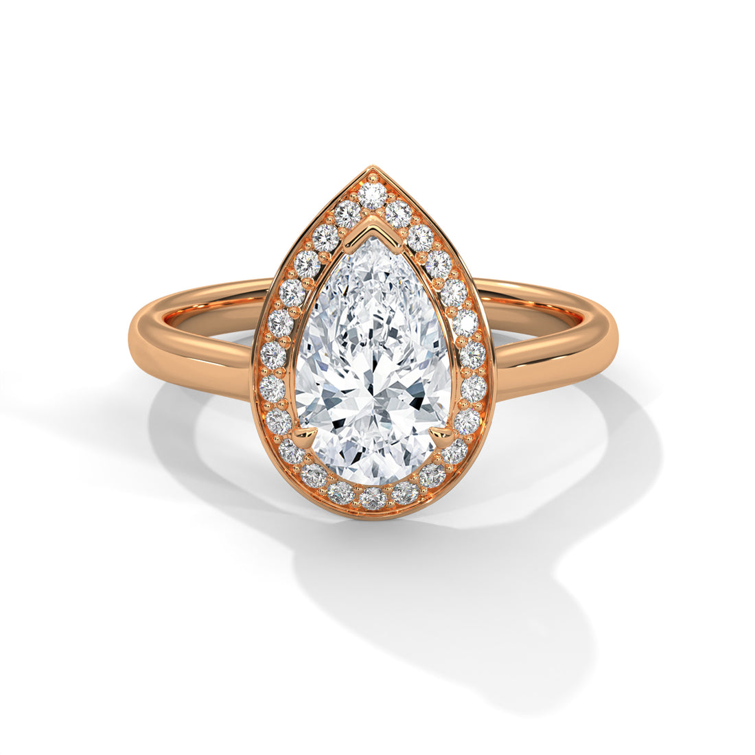 Pear Cut V-Tip Halo Solitaire Cathedral Engagement & Anniversary Ring in Rose Gold