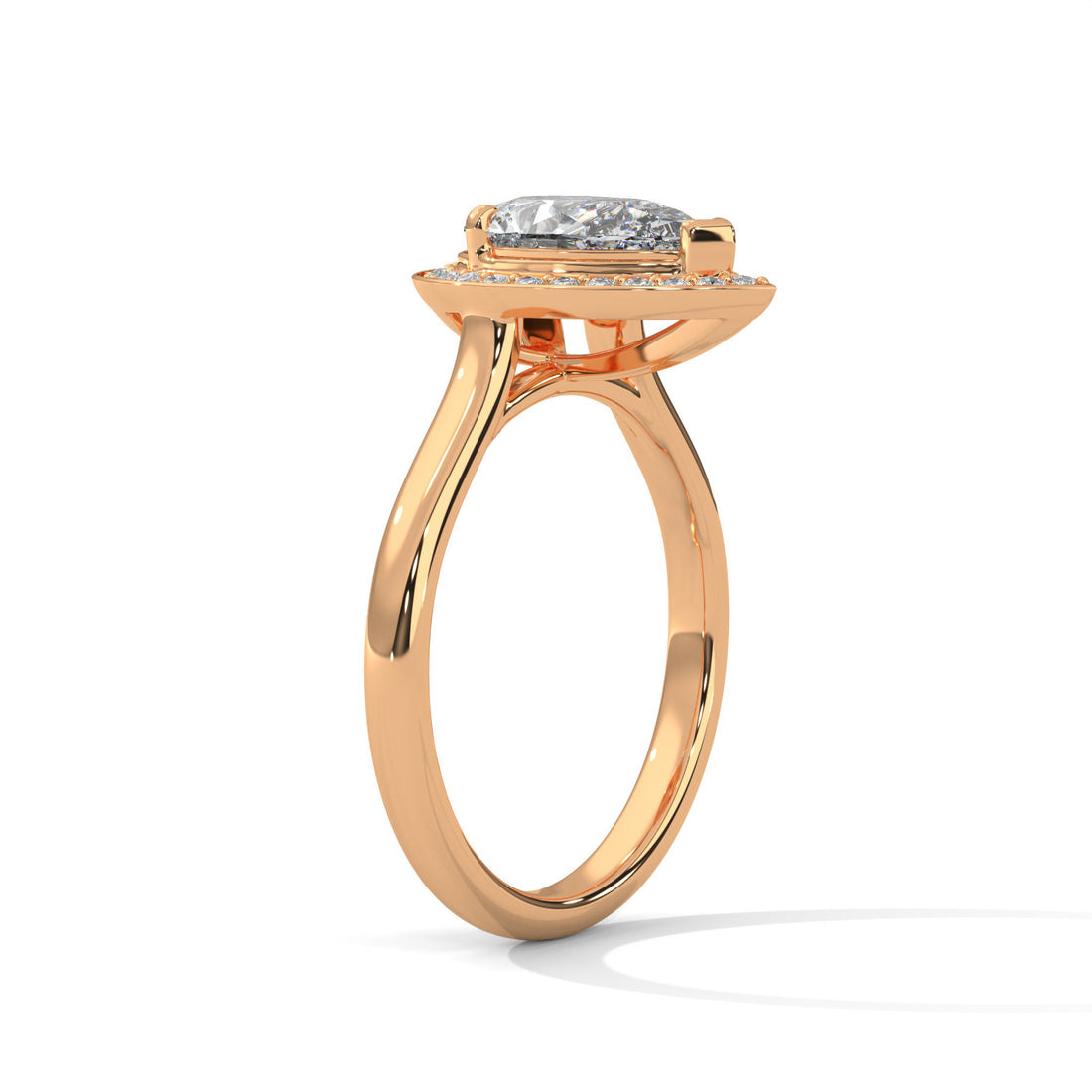 Pear Cut V-Tip Halo Solitaire Cathedral Engagement & Anniversary Ring in Rose Gold