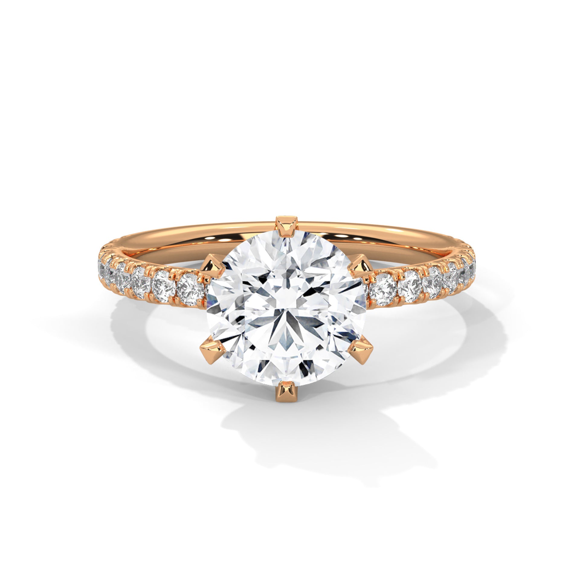 Round Cut Six-Prong Solitaire Pavé Cathedral Engagement & Anniversary Ring in Rose Gold