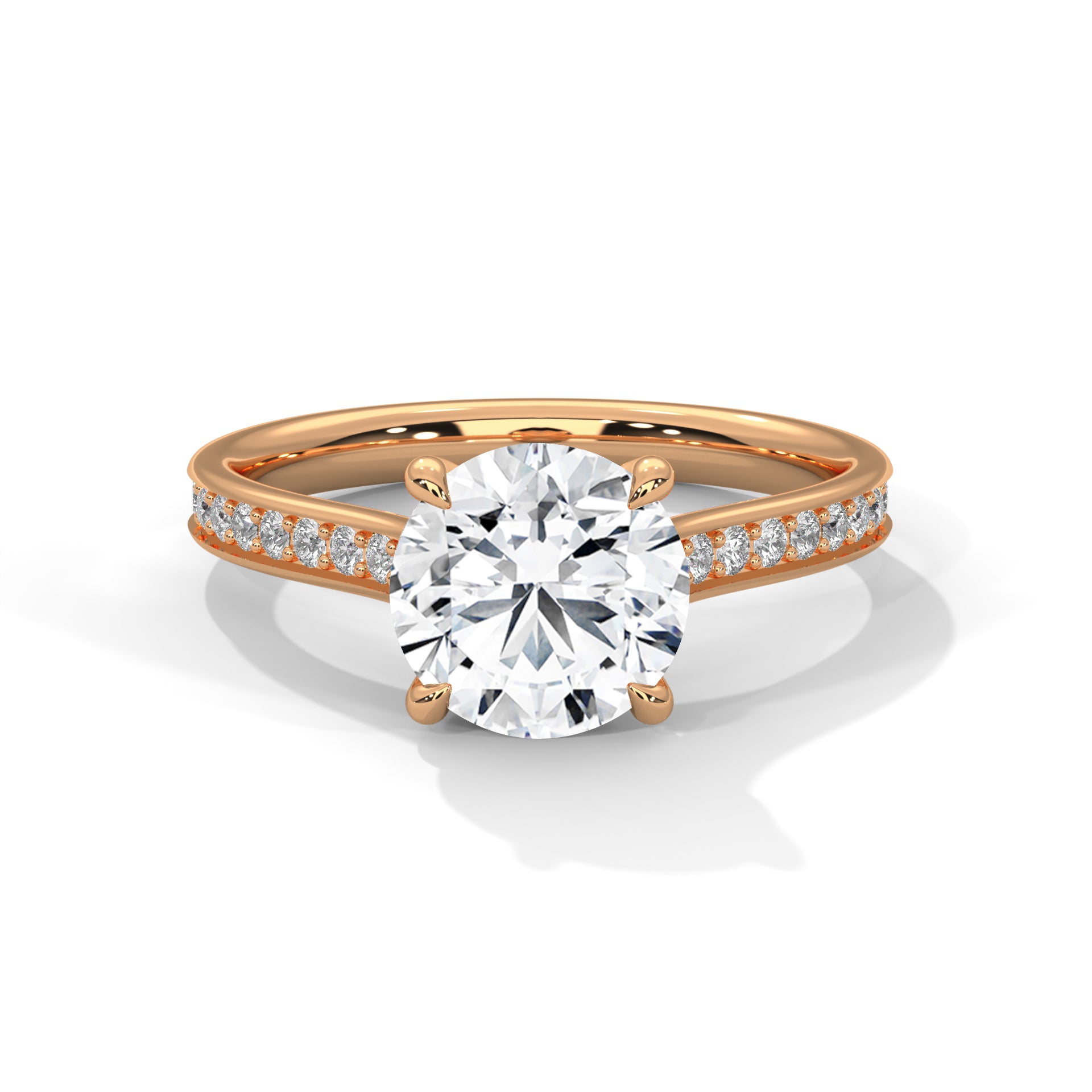 Round Cut Solitaire Four-Prong Pavé Cathedral Engagement & Anniversary Ring in Rose Gold
